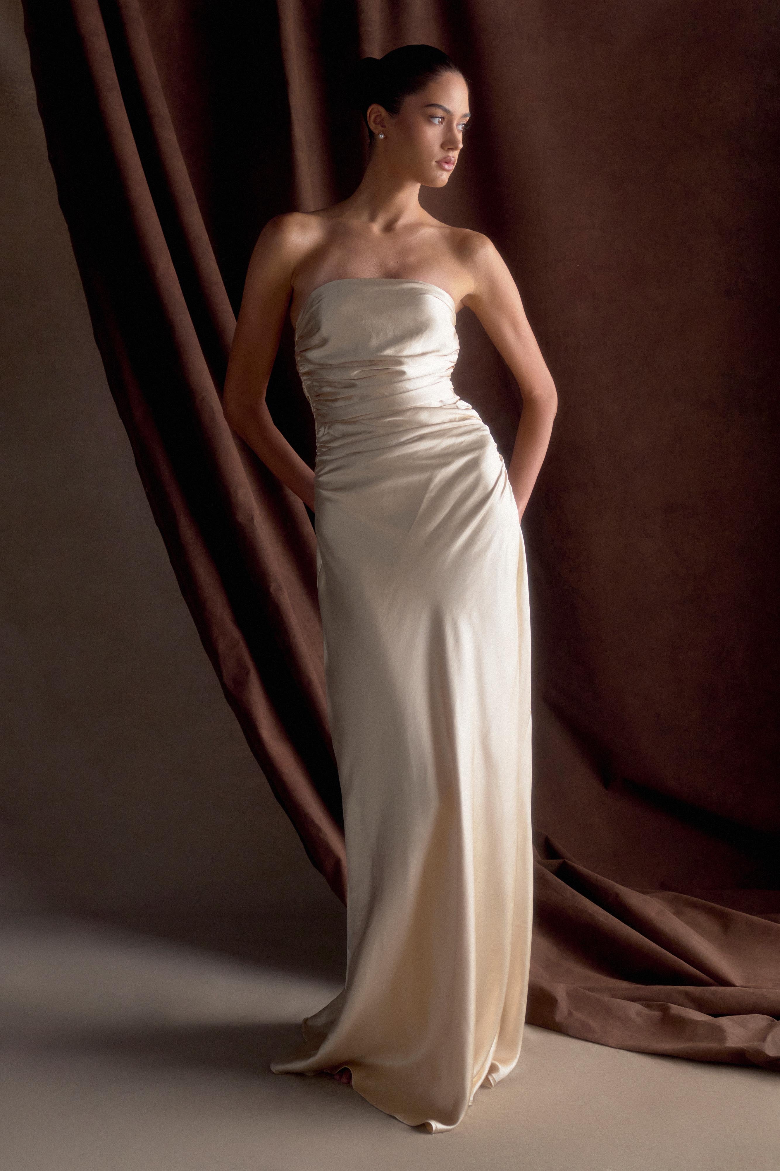 Cedar Strapless Satin Maxi Dress - Blush Gold - Image 9