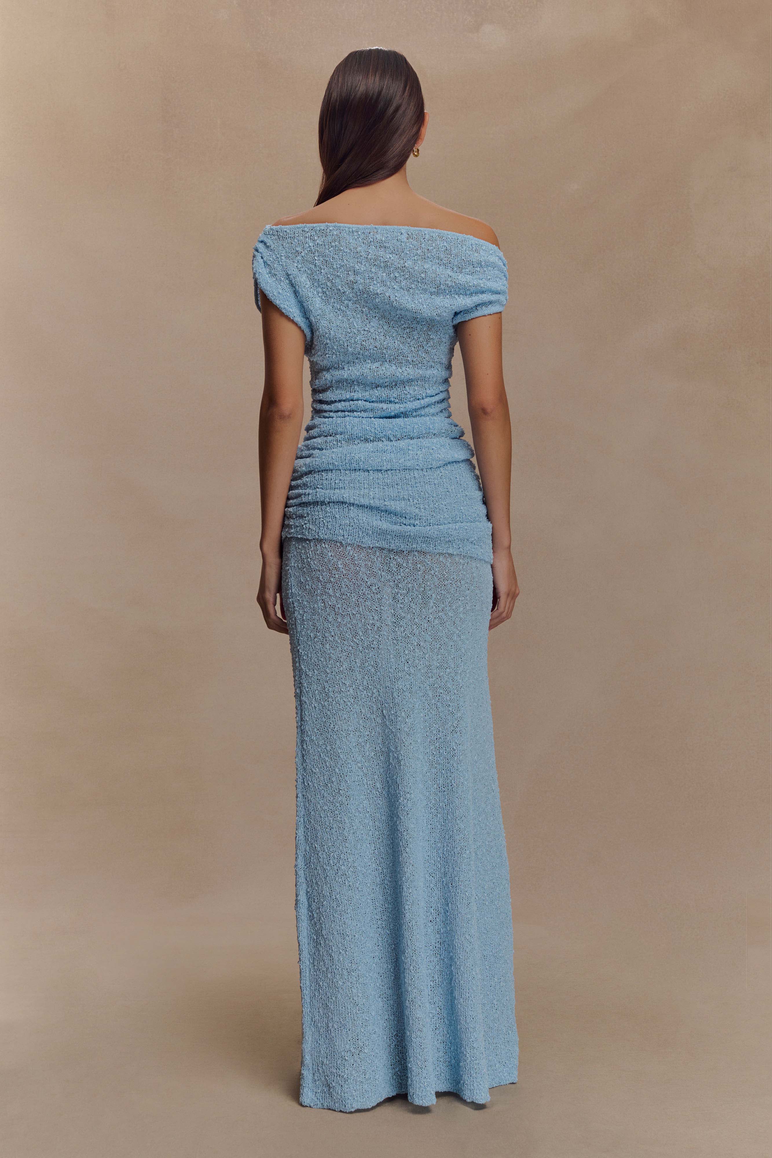 Chloe Off Shoulder Boucle Knit Top - Light Blue - Image 5