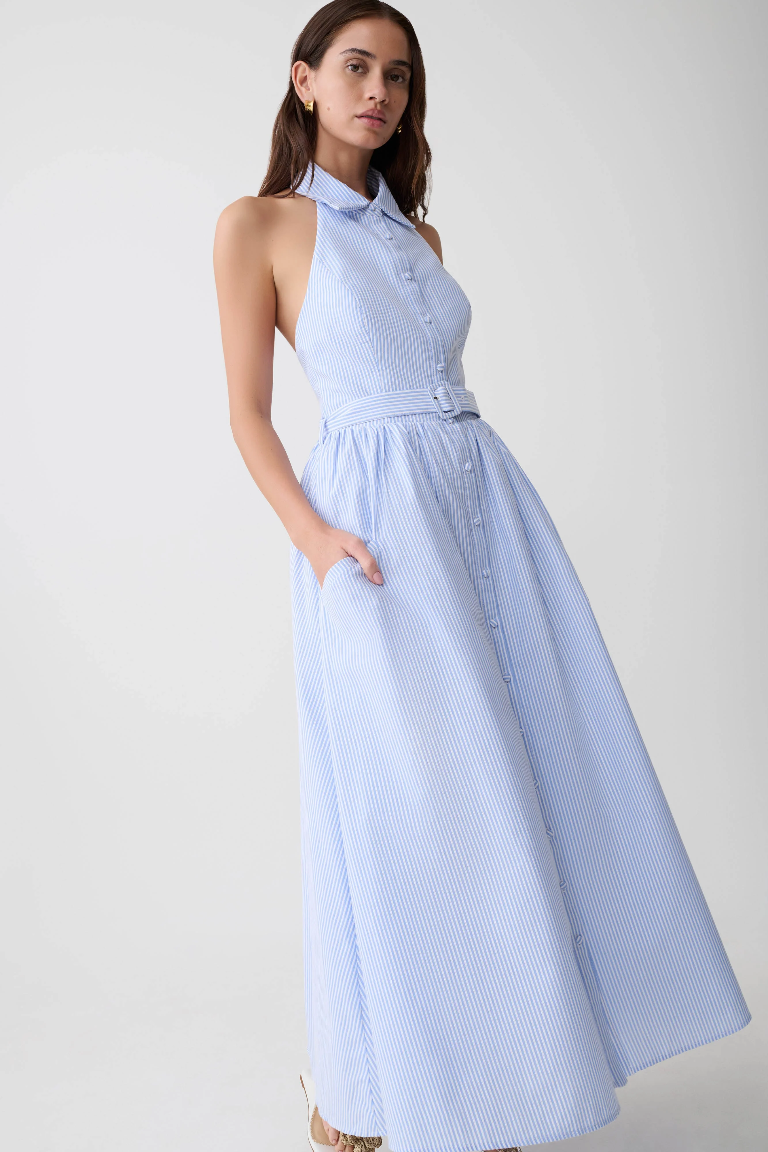 Cindy Collared Midi Dress - Blue Pinstripe - Image 7