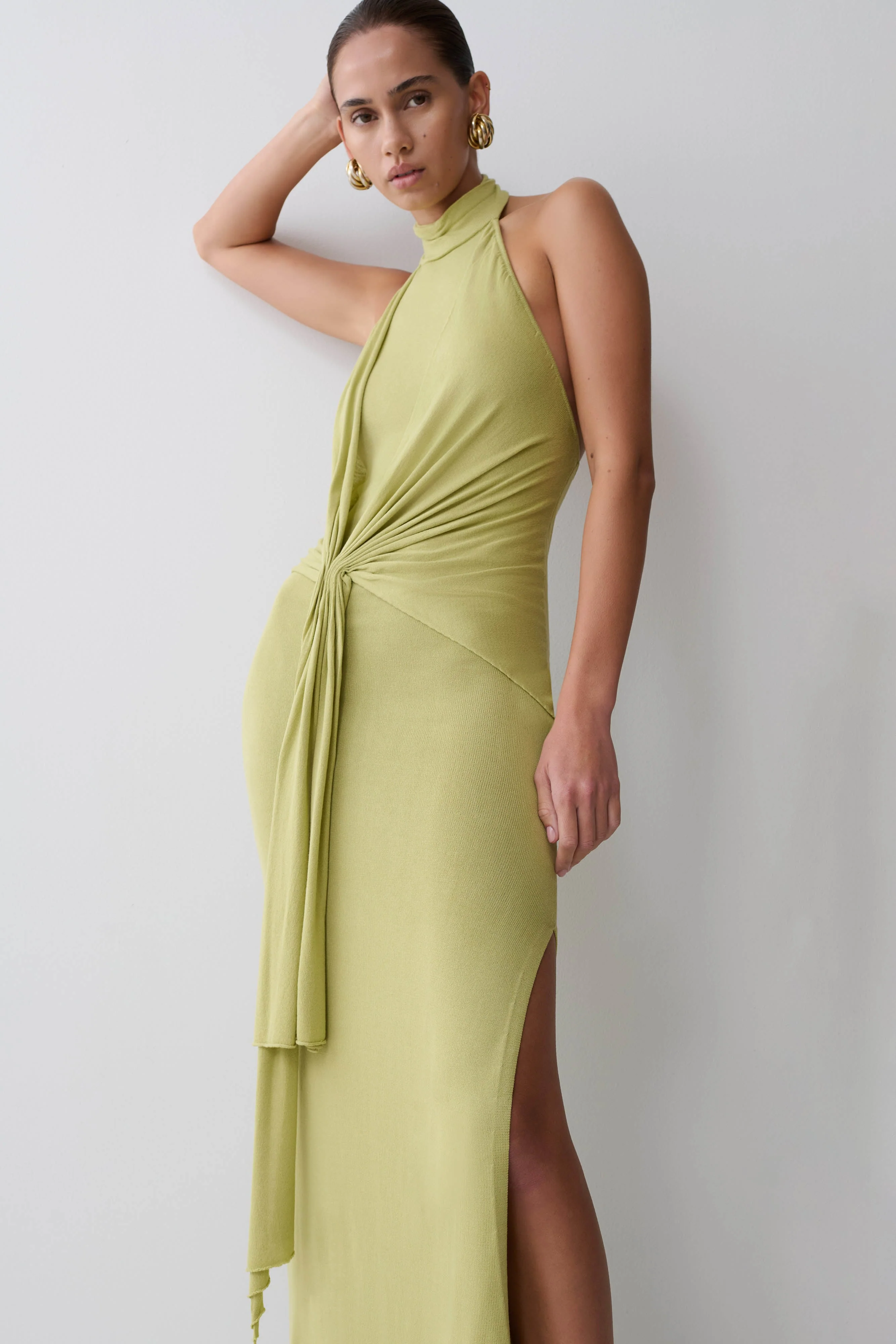 Cindylou Halter Knit Maxi Dress - Light Olive - Image 3