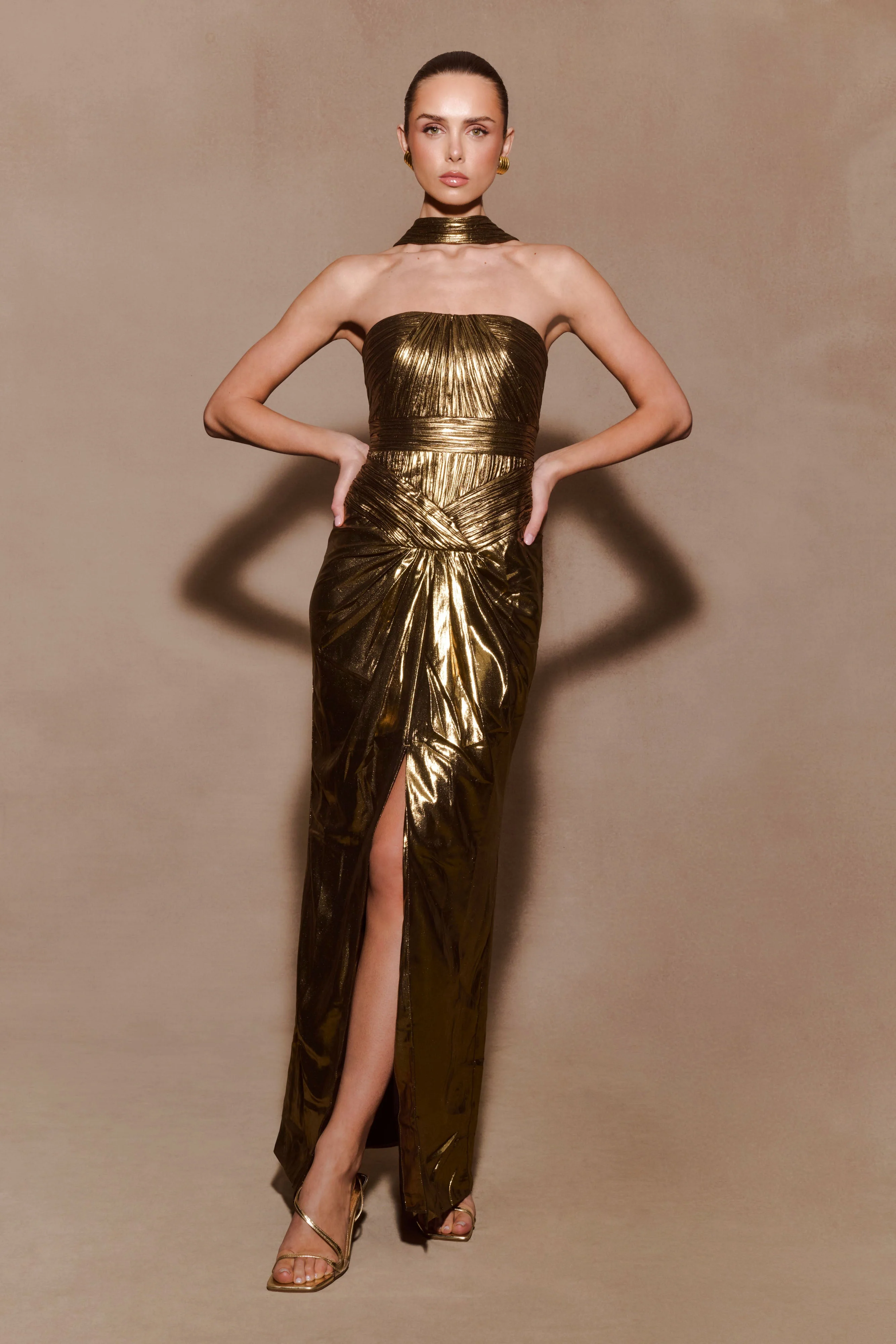 Clemence Plisse Maxi Dress - Gold - Image 3
