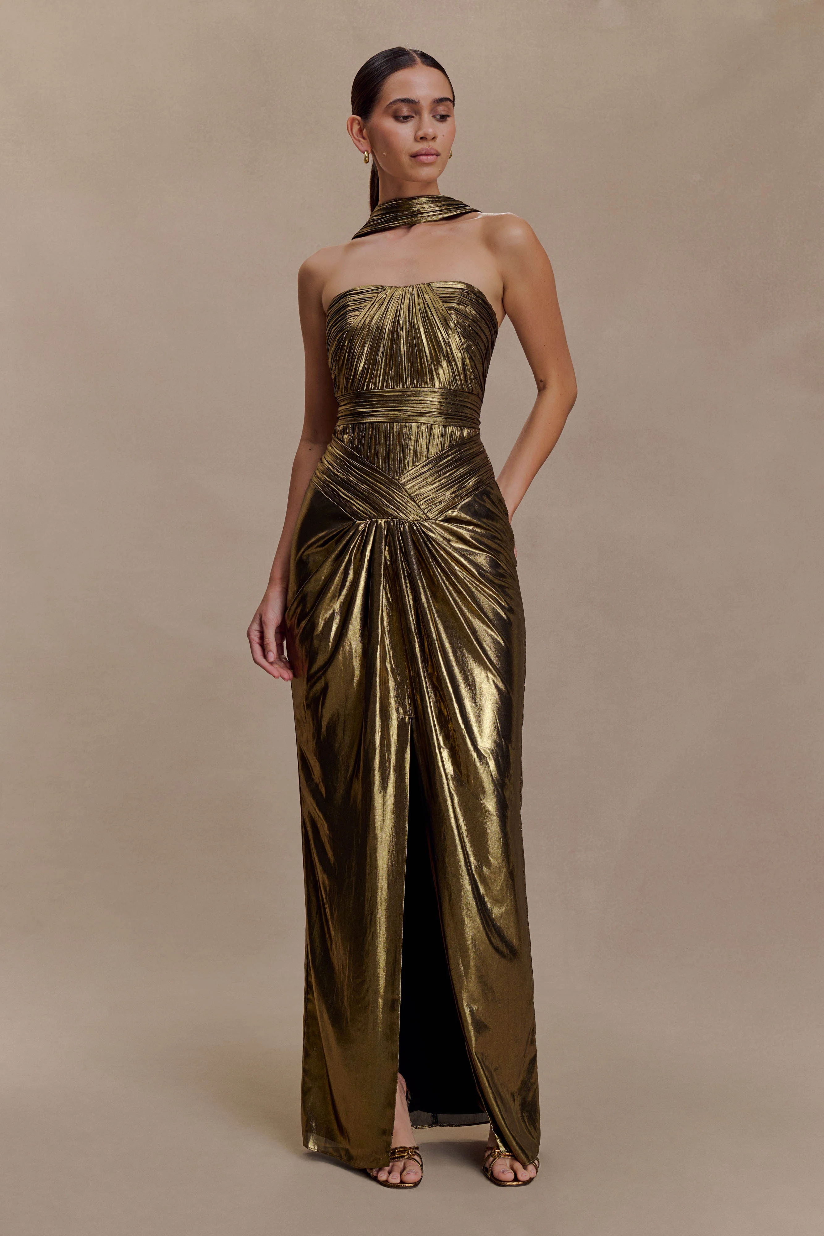 Clemence Plisse Maxi Dress - Gold - Image 9