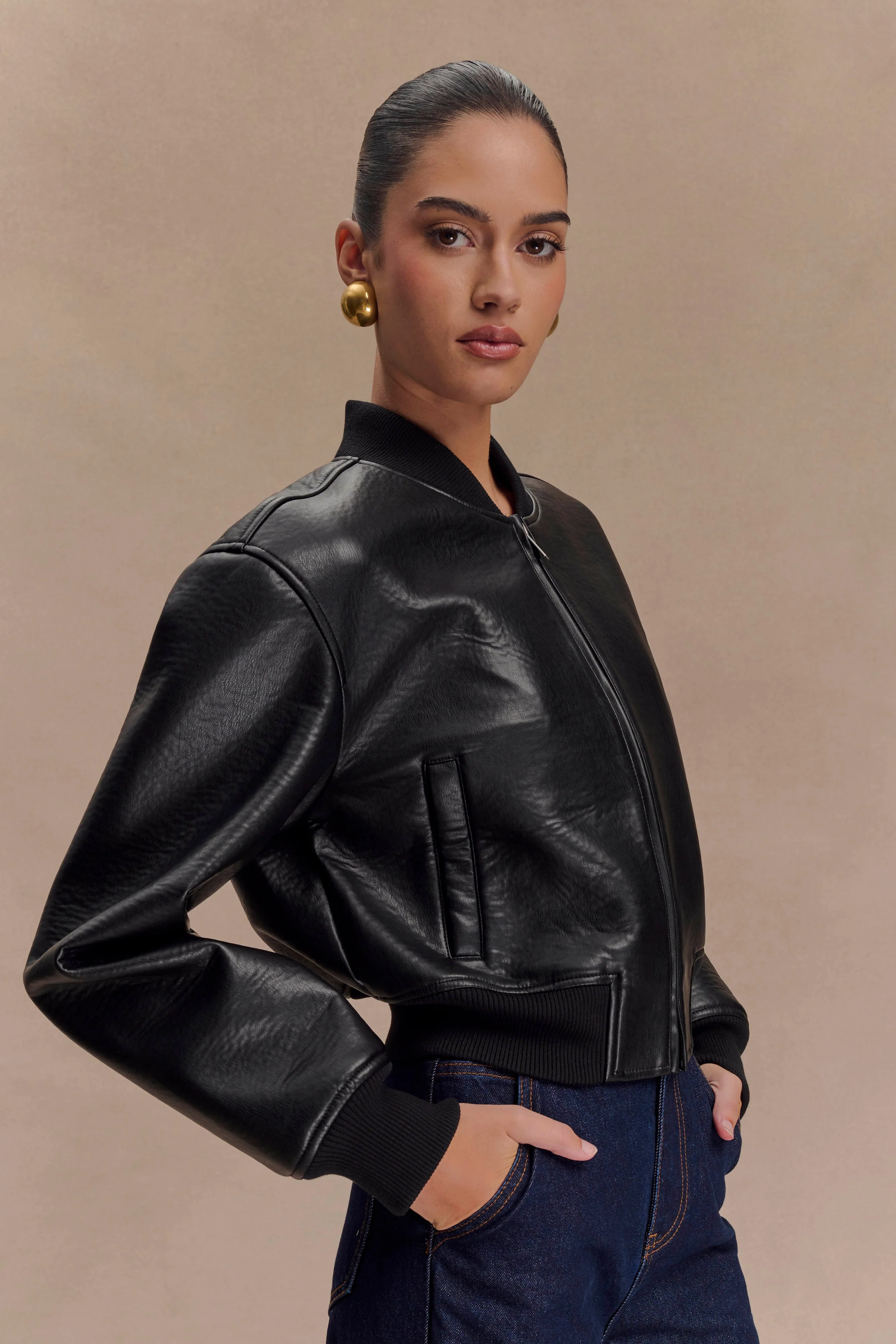Codi Faux Leather Bomber Jacket - Black - Image 8