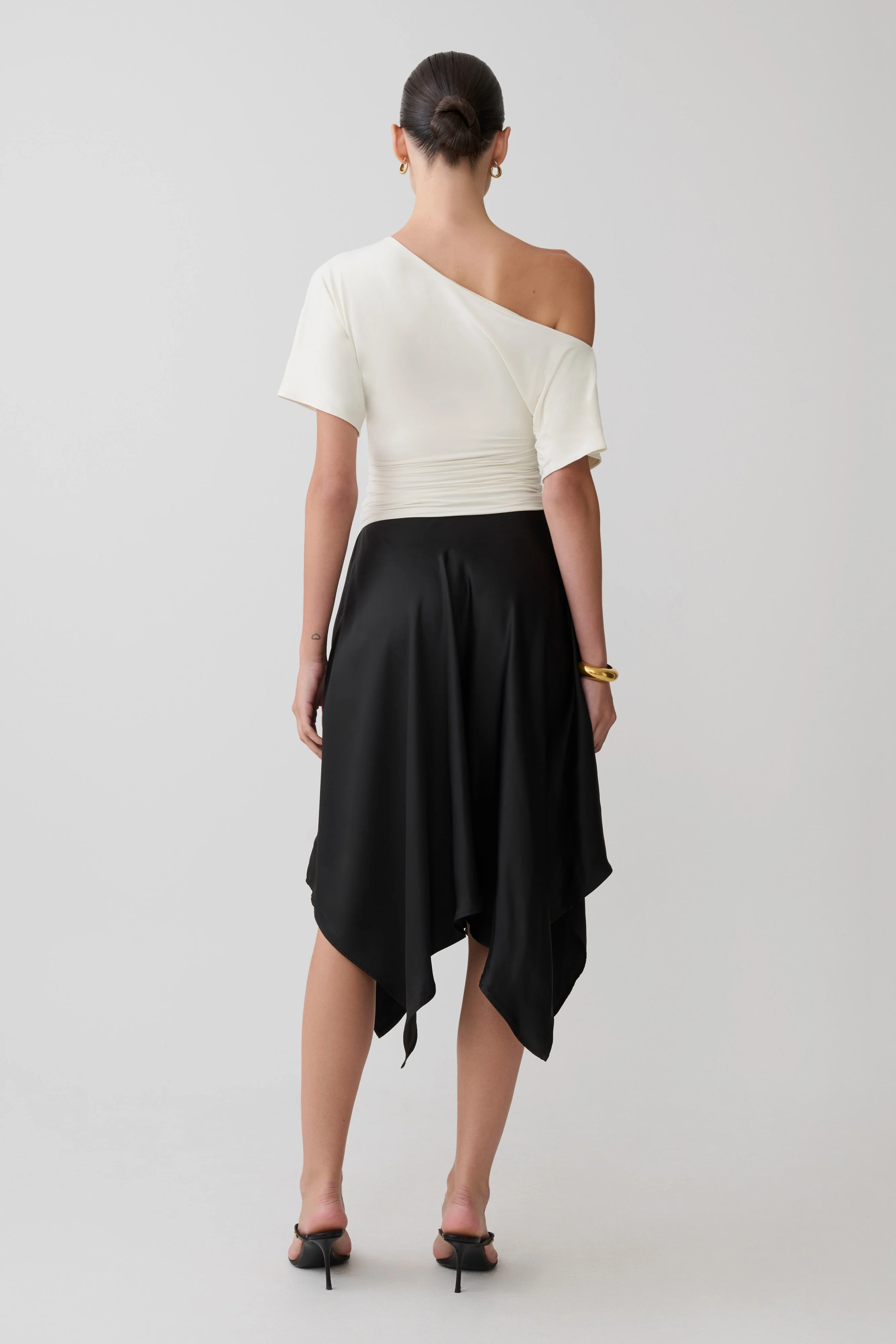 Coralie Asymmetric Satin Midi Skirt - Black - Image 5