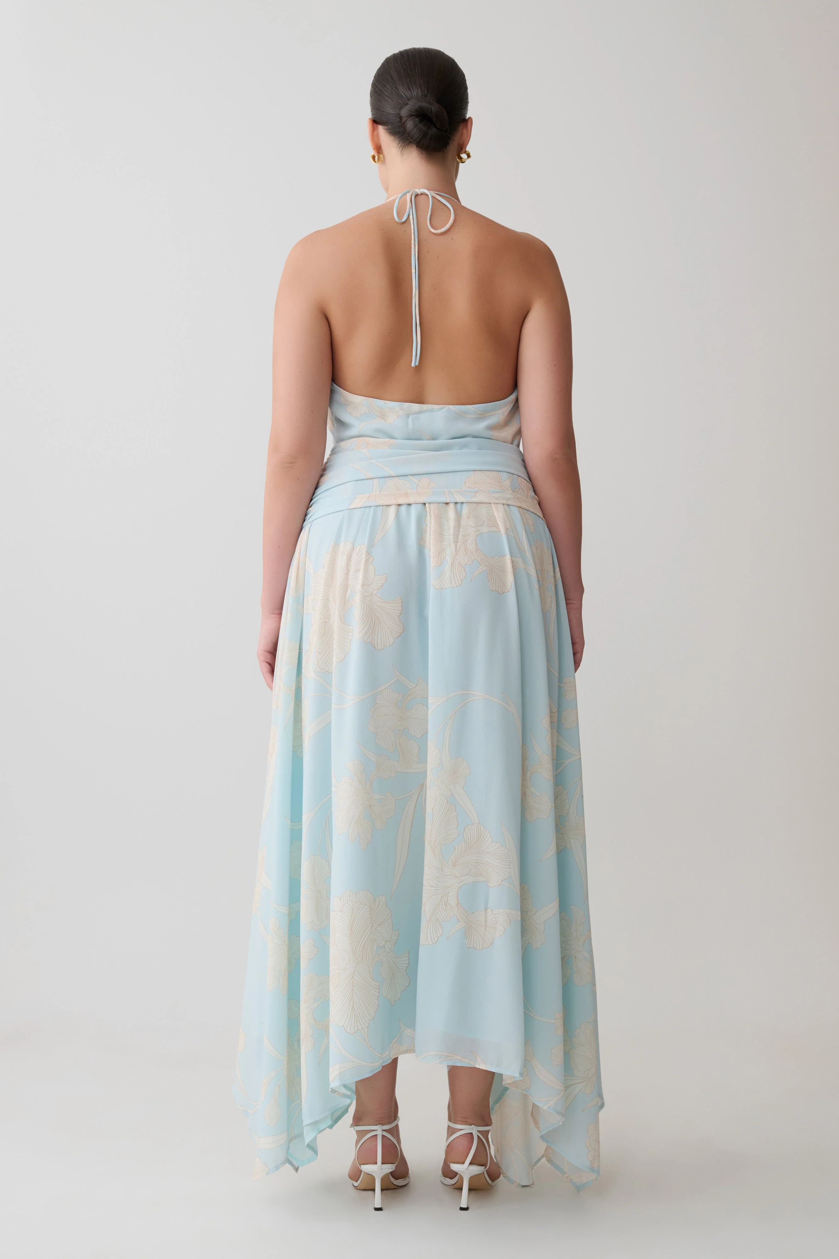 Cyra Plunge Chiffon Midi Dress - Blue Floral Print - Image 7