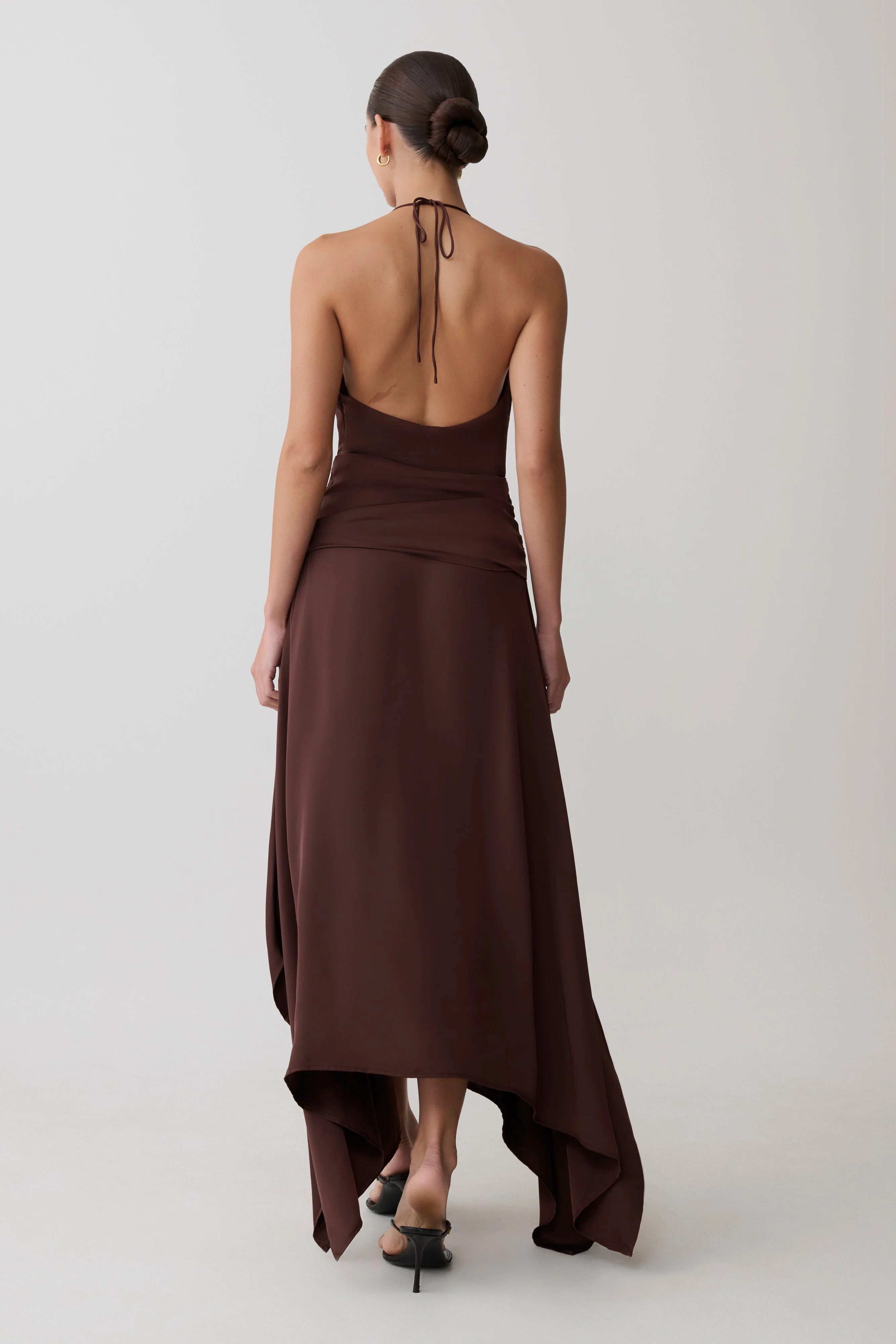Cyra Plunge Satin Midi Dress - Dark Chocolate - Image 2