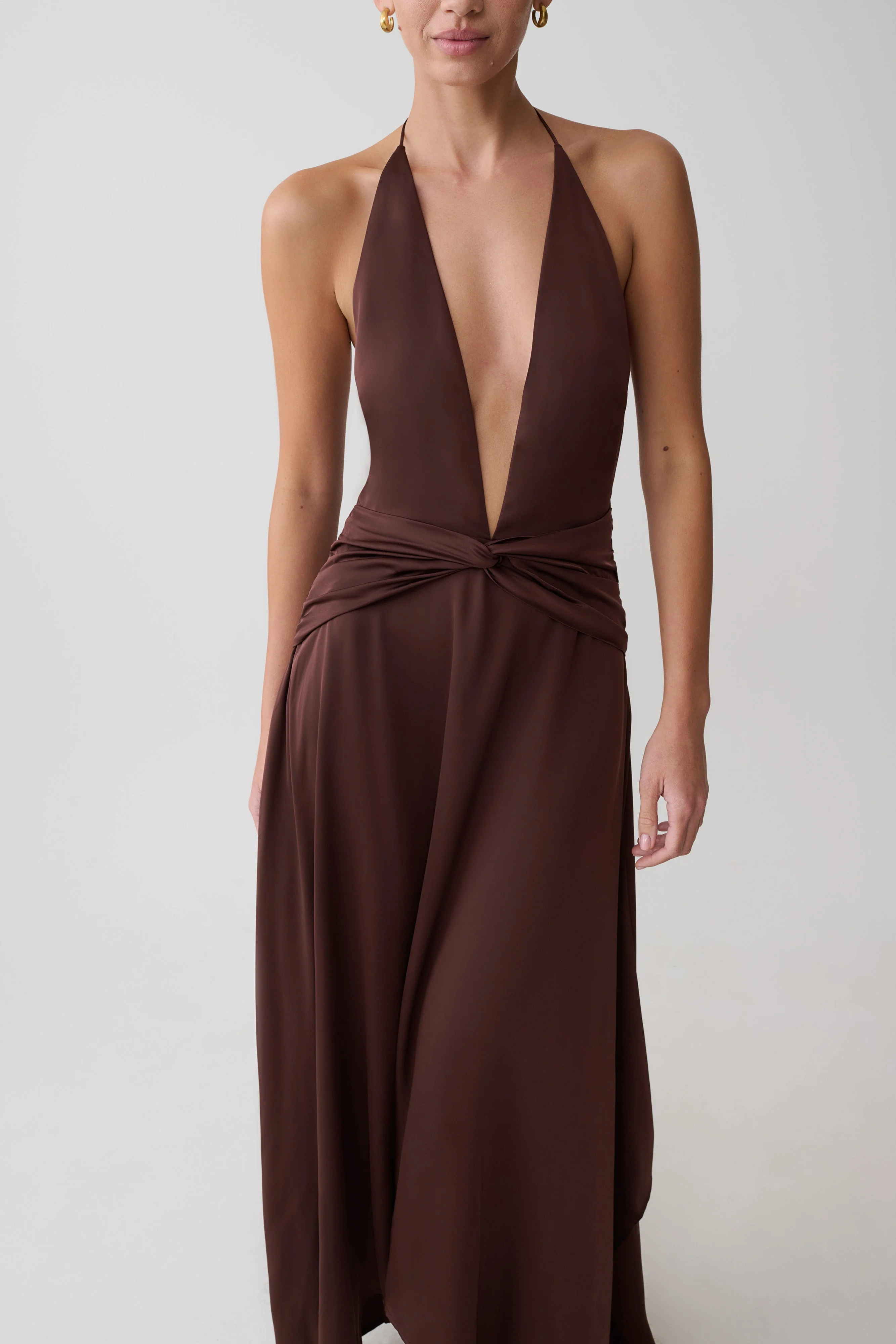 Cyra Plunge Satin Midi Dress - Dark Chocolate - Image 4