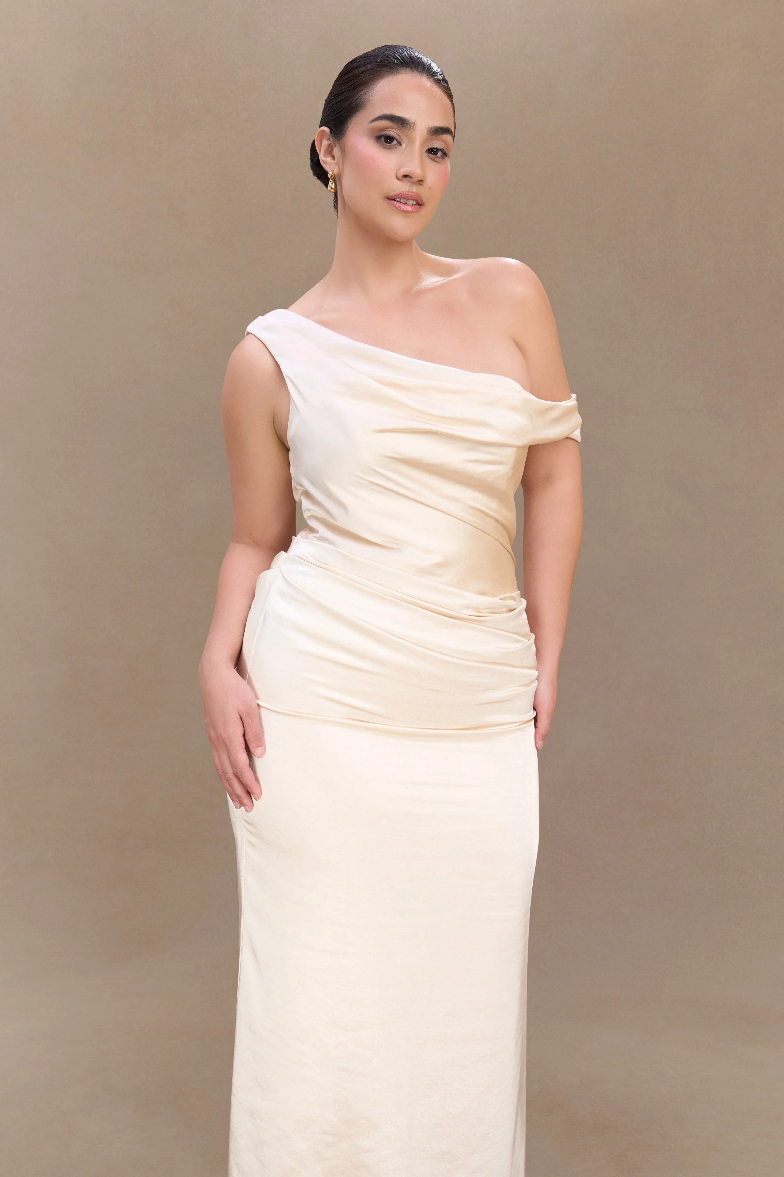 Dalia Off Shoulder Satin Maxi Dress - Blush Gold - Image 7