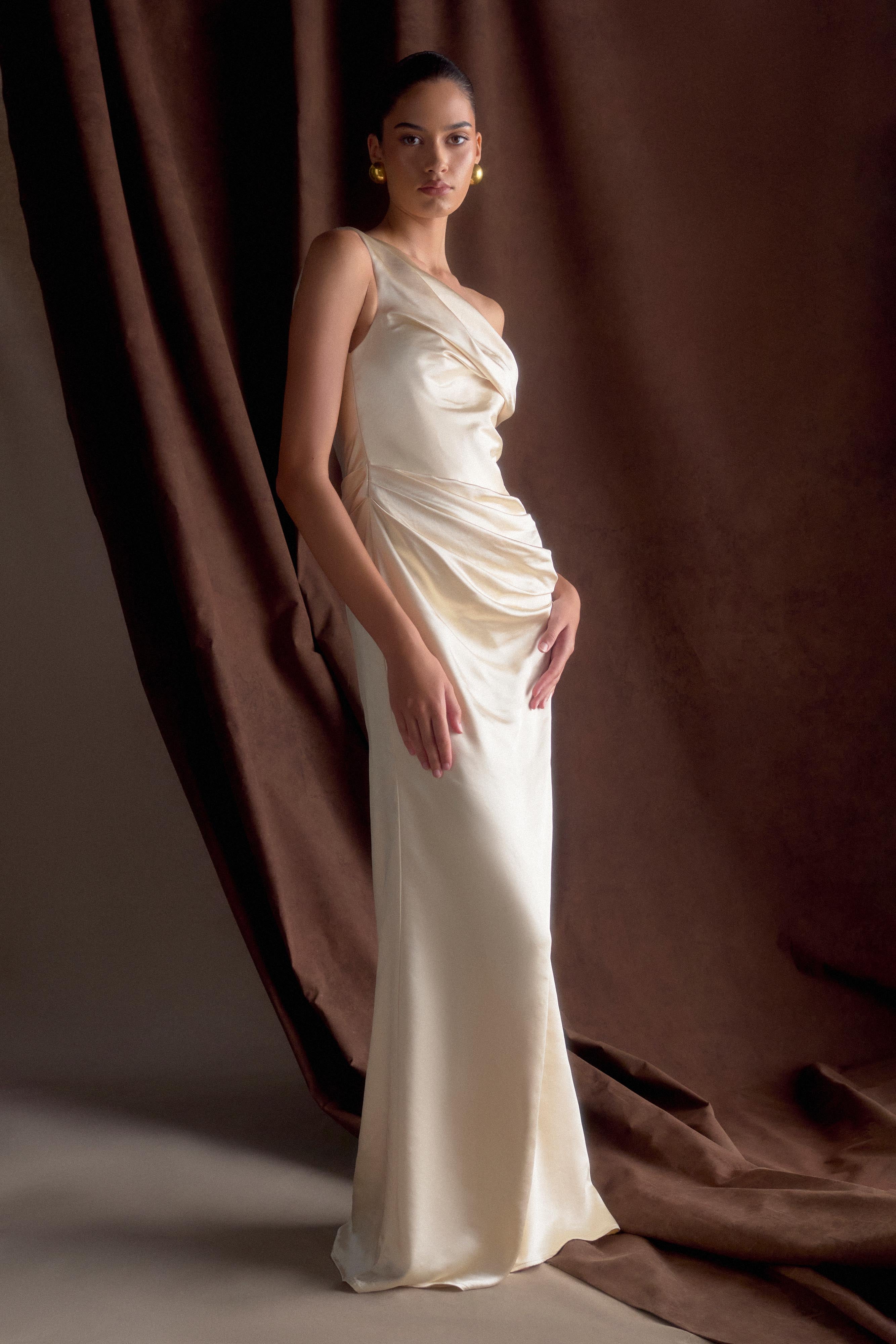 Dalia Off Shoulder Satin Maxi Dress - Blush Gold - Image 8