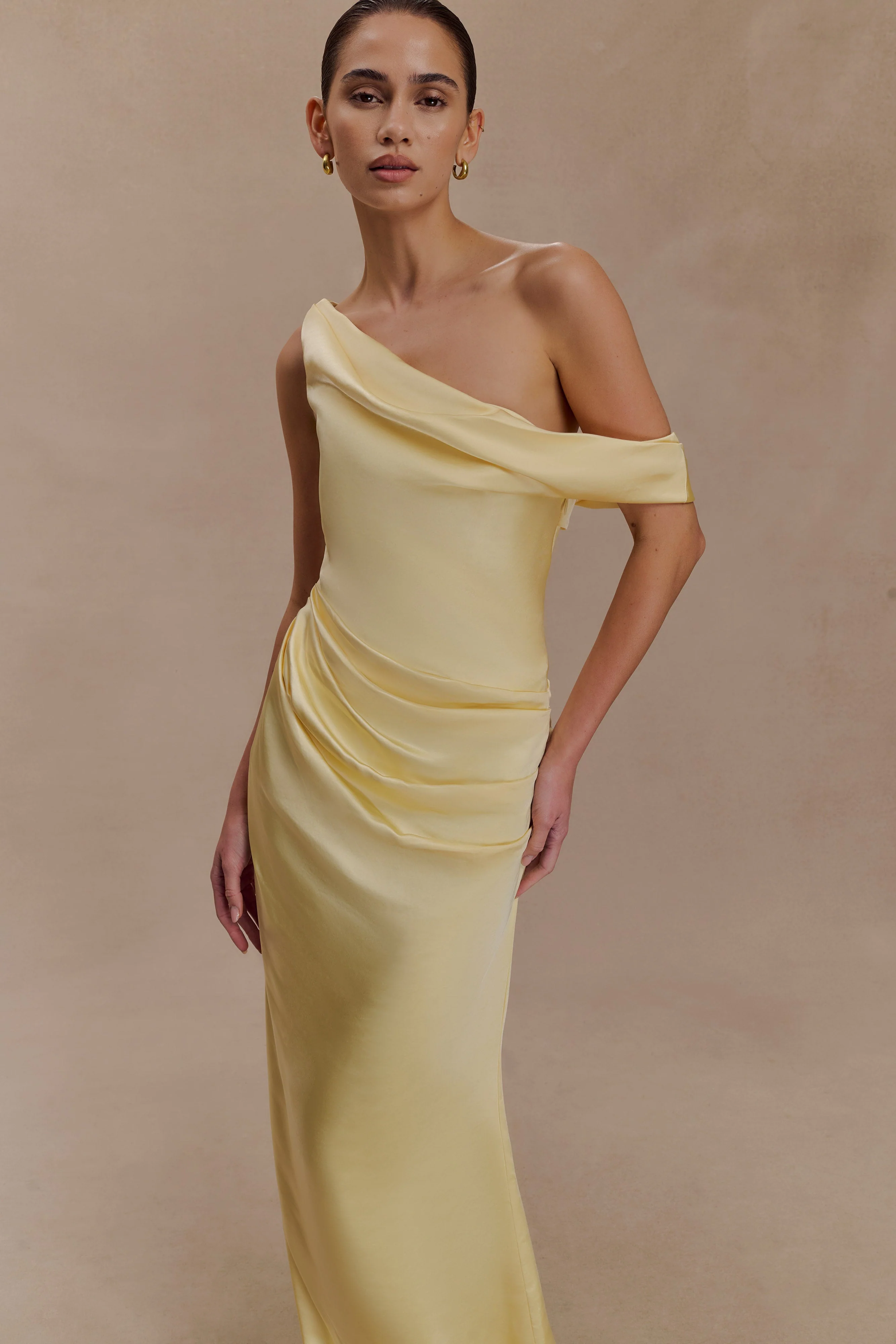 Dalia Off Shoulder Satin Maxi Dress - Lemon - Image 3