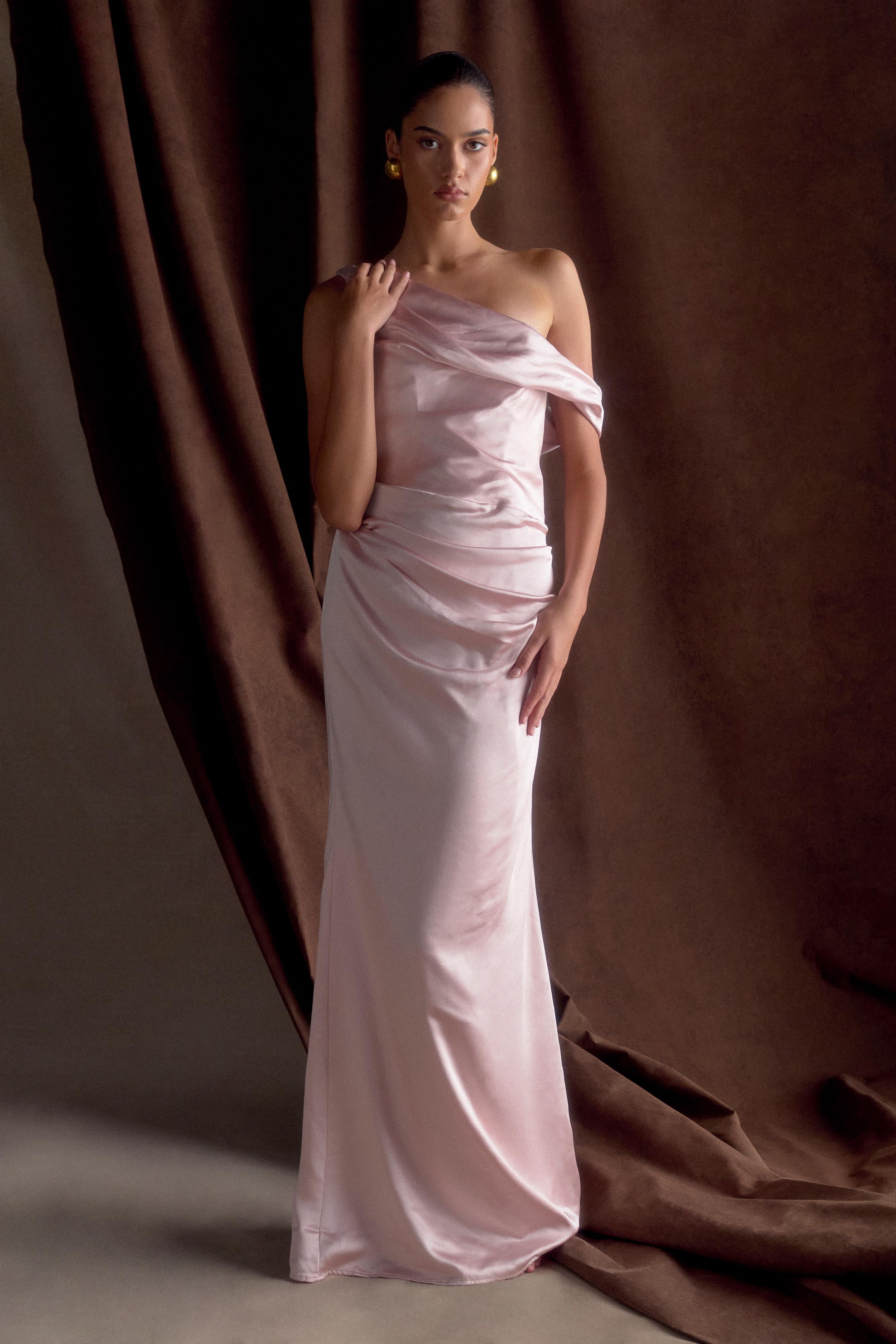 Dalia Off Shoulder Satin Maxi Dress - Soft Pink - Image 11