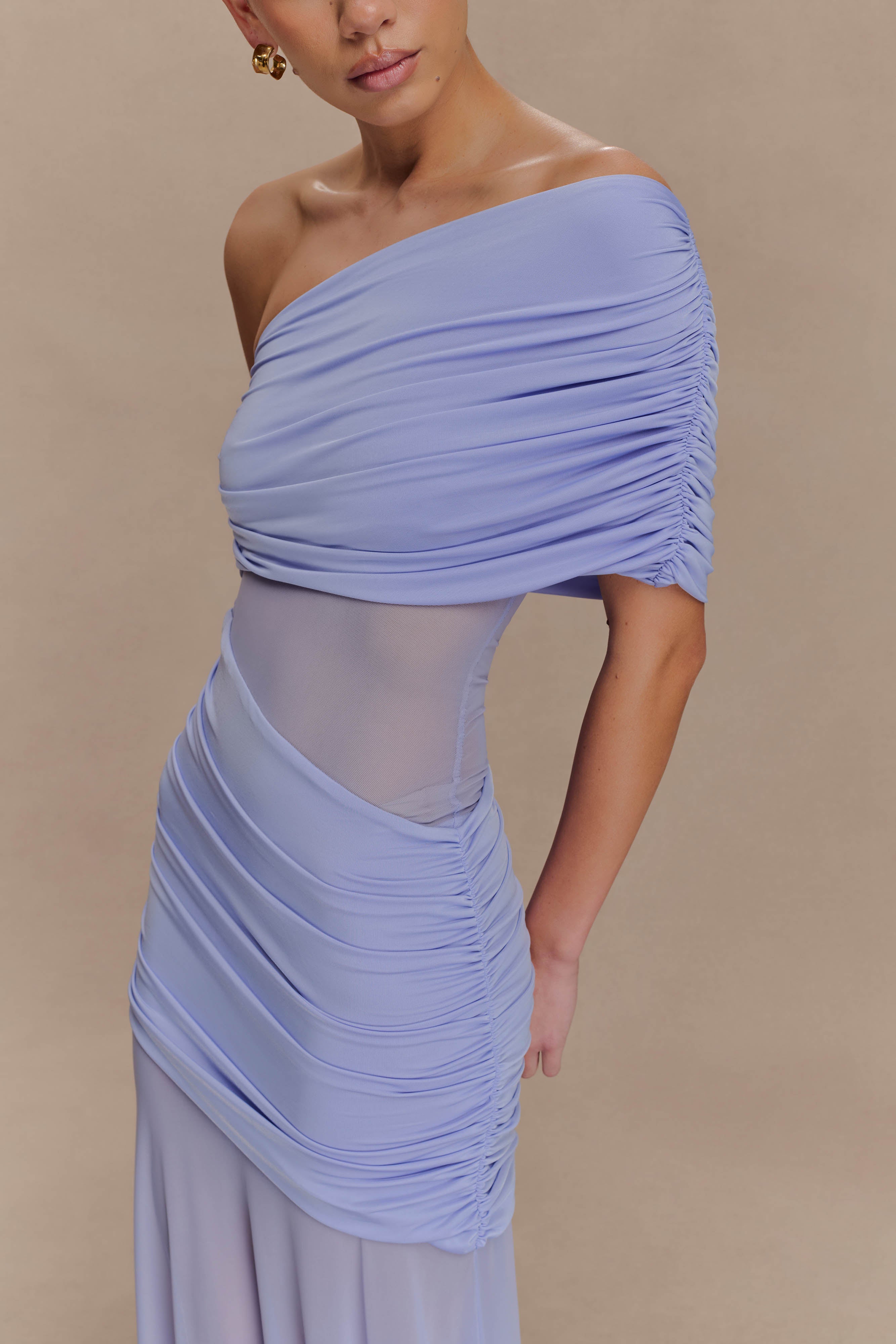 Dallas One Shoulder Mesh Maxi Dress - Lavender - Image 4