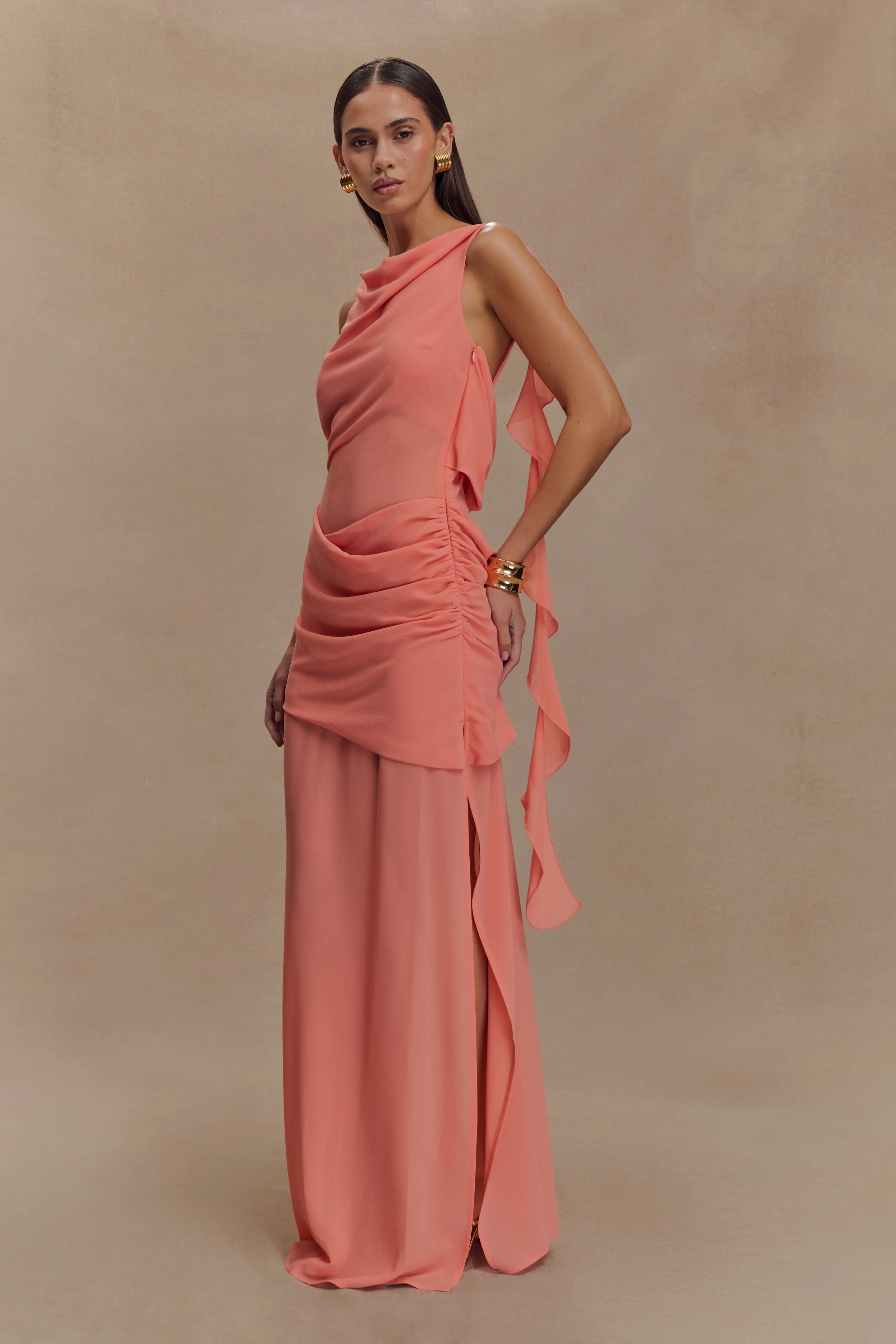 Daria Draped Chiffon Maxi Dress - Pastel Nectarine - Image 4