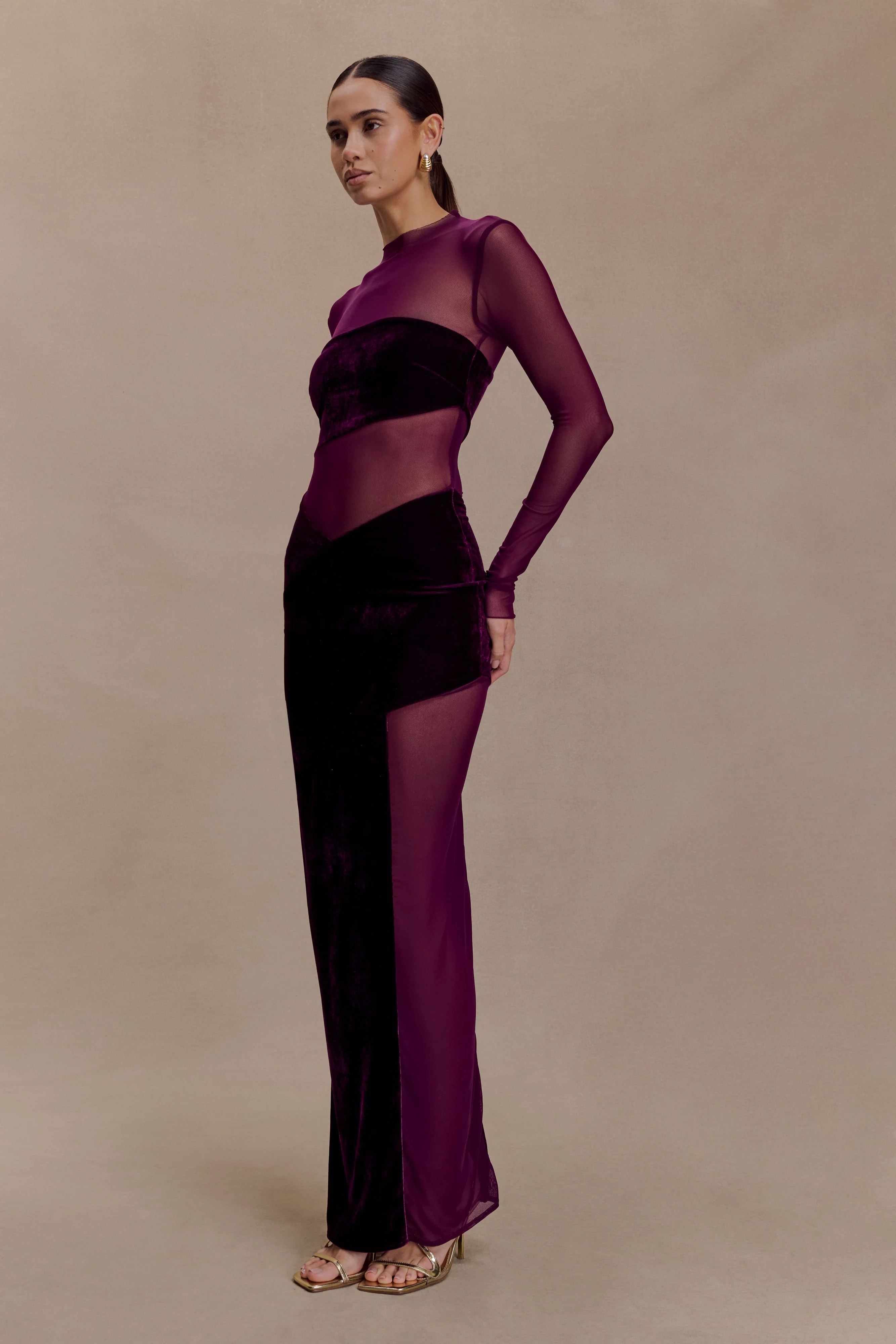 Davina Velvet And Mesh Maxi Dress - Purple - Image 4