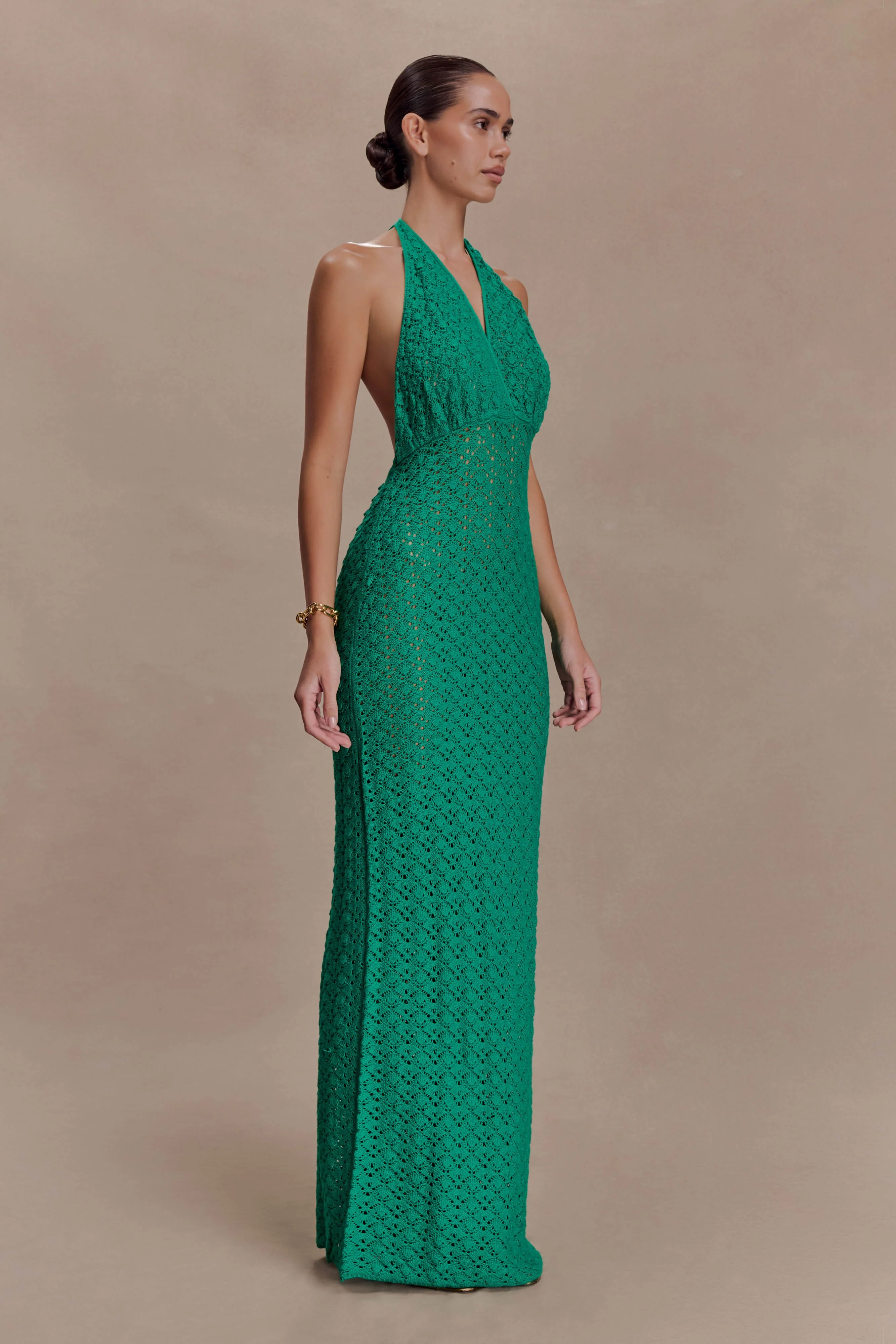 Deeliah Halterneck Crochet Maxi Dress - Emerald - Image 3