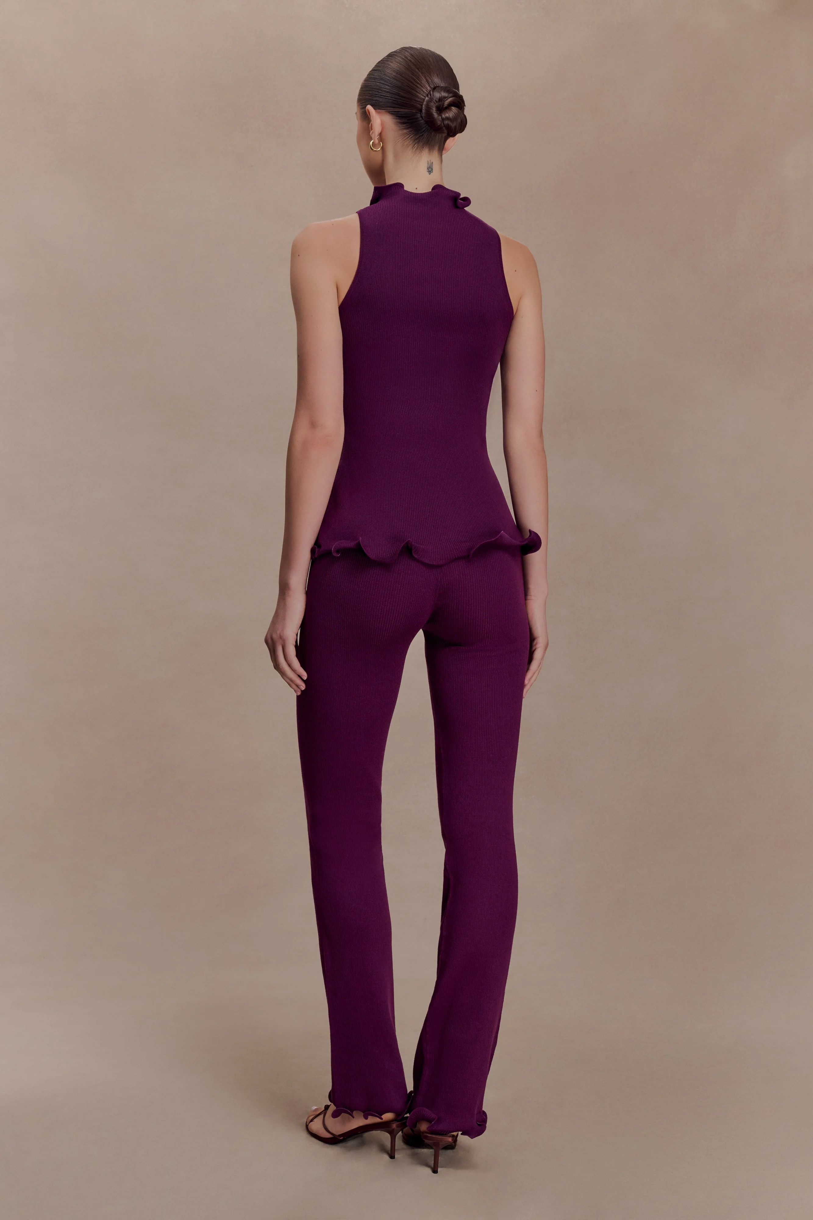 Diya Ribbed High Waisted Pants With Wire Hem - Plum - Image 3