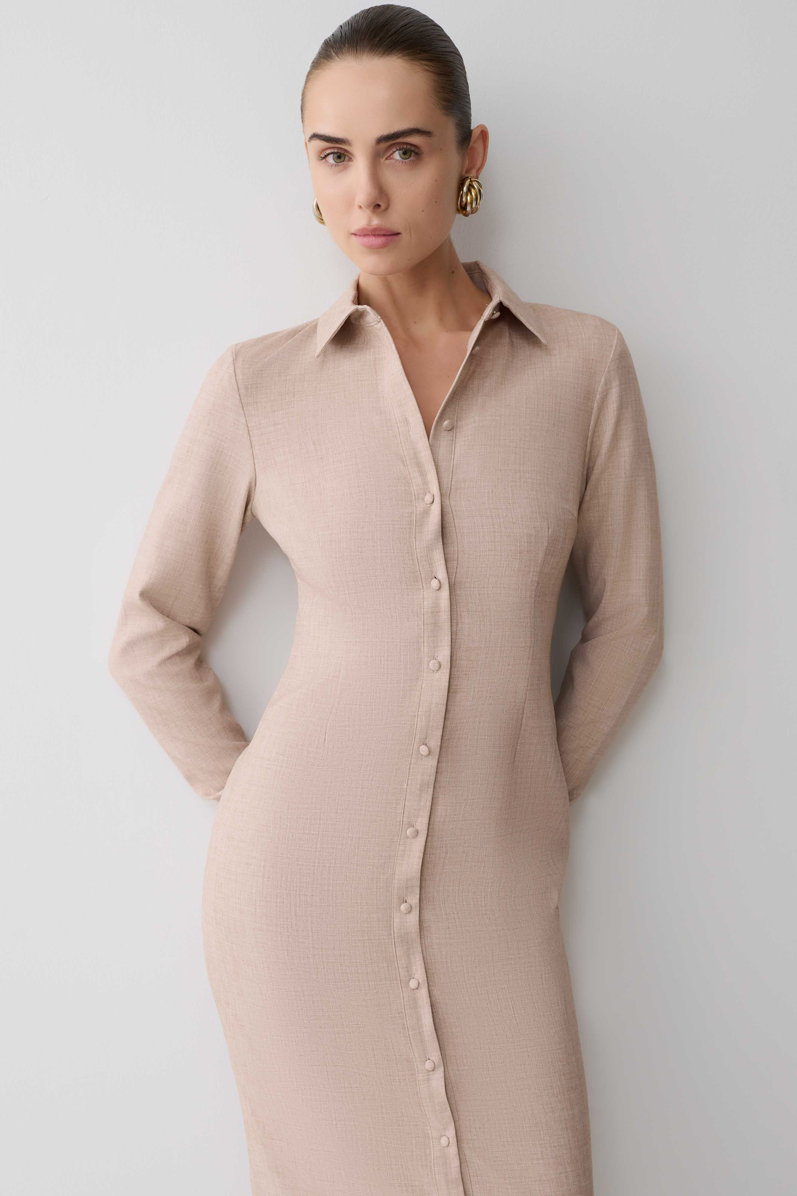 Dorian Fitted Shirt Midi Dress - Wheat Marle - Image 4