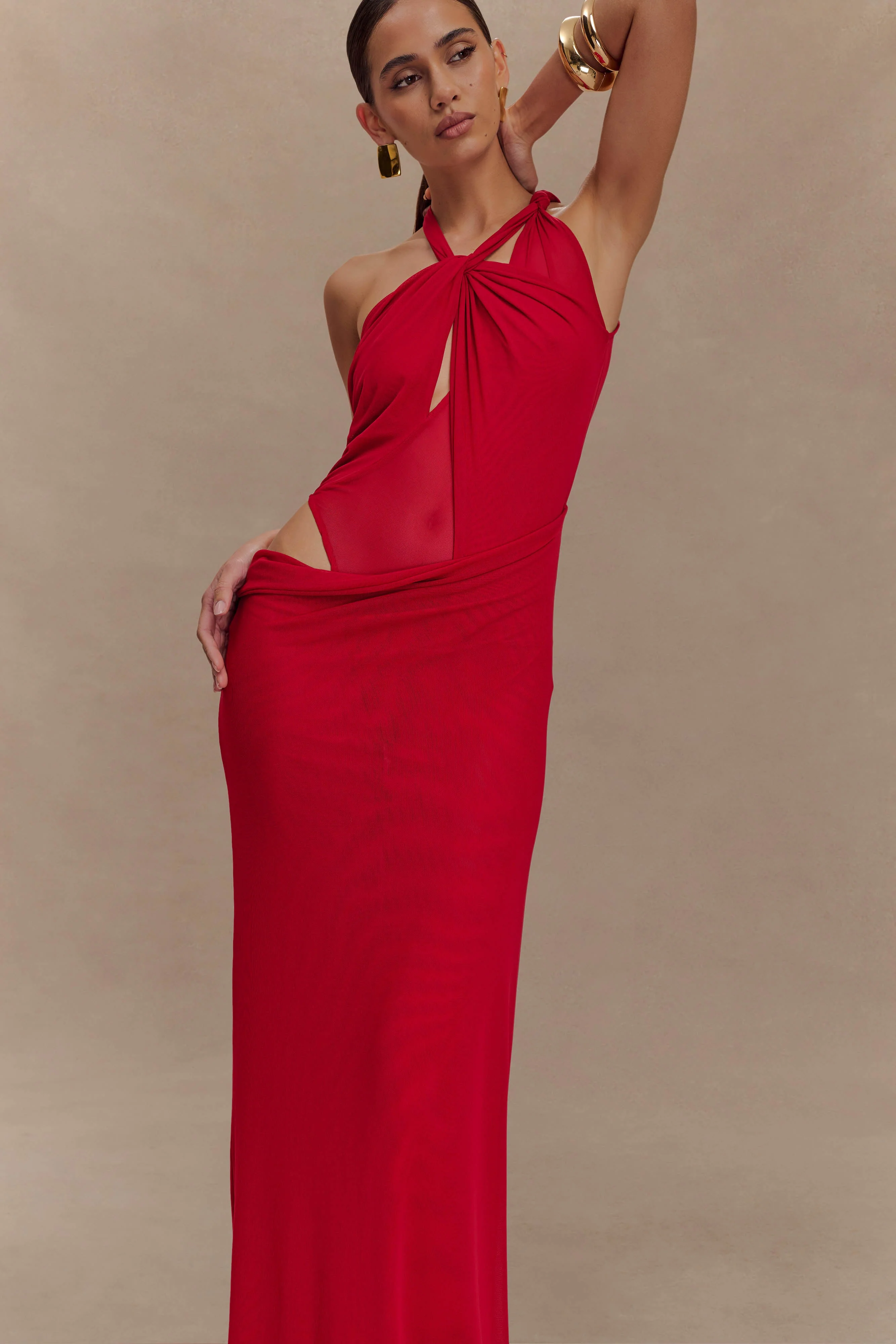 Edwina Knotted Mesh Maxi Dress - Red - Image 8