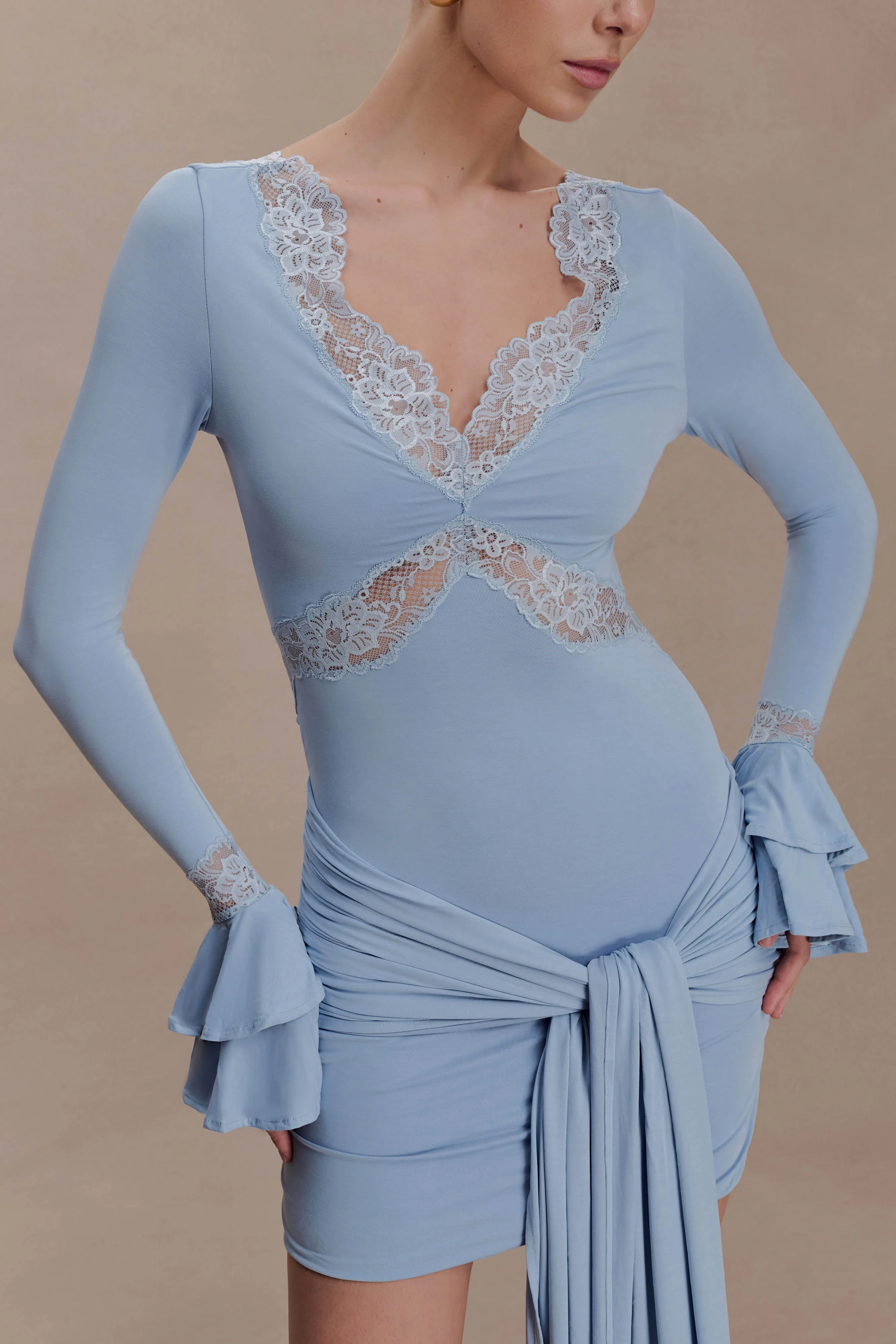 Electra Slinky Lace Mini Dress - Pale Blue - Image 5