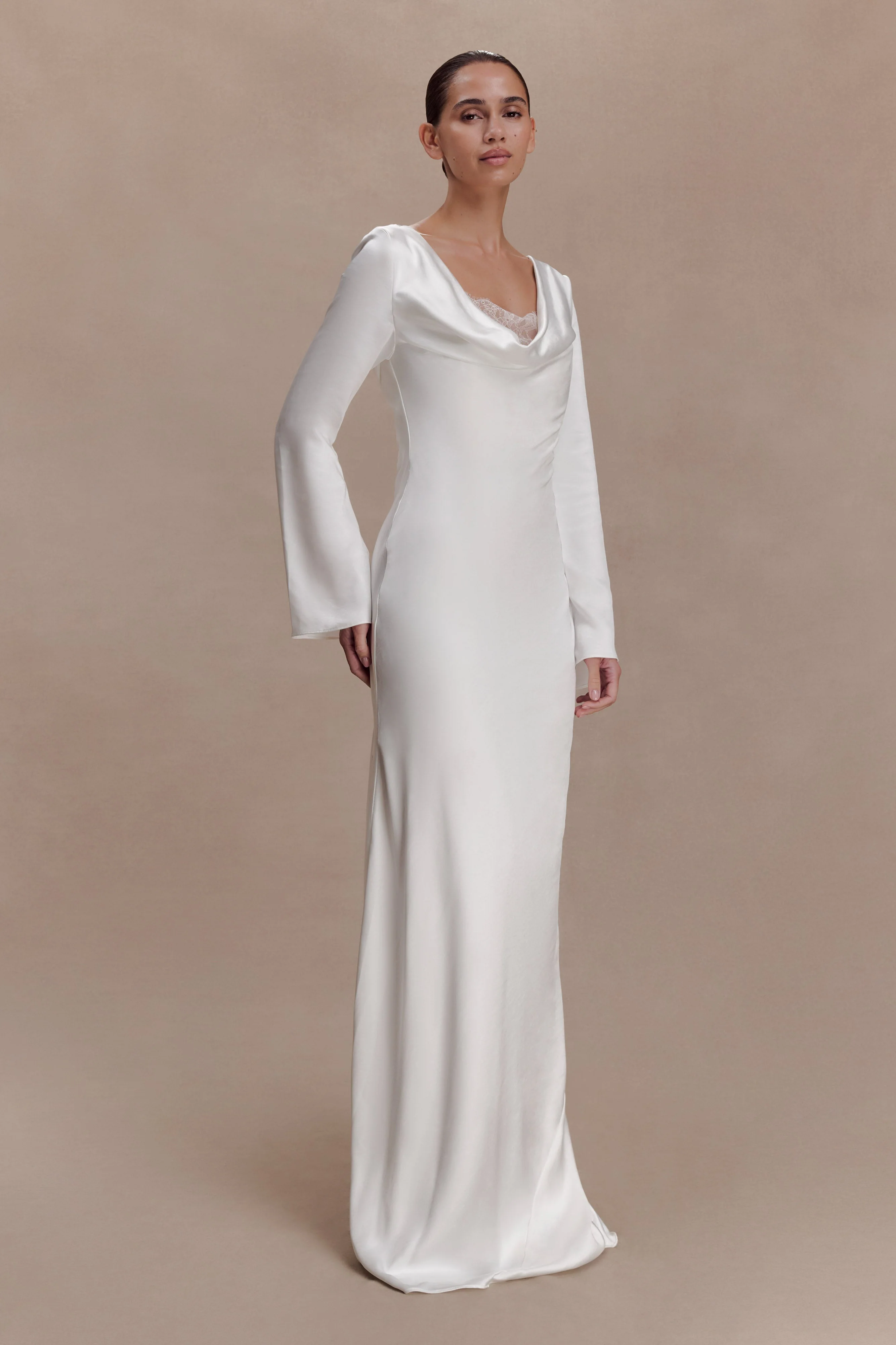 Eliza Long Sleeve Cowl Lace And Satin Maxi Dress - Ivory - Image 4