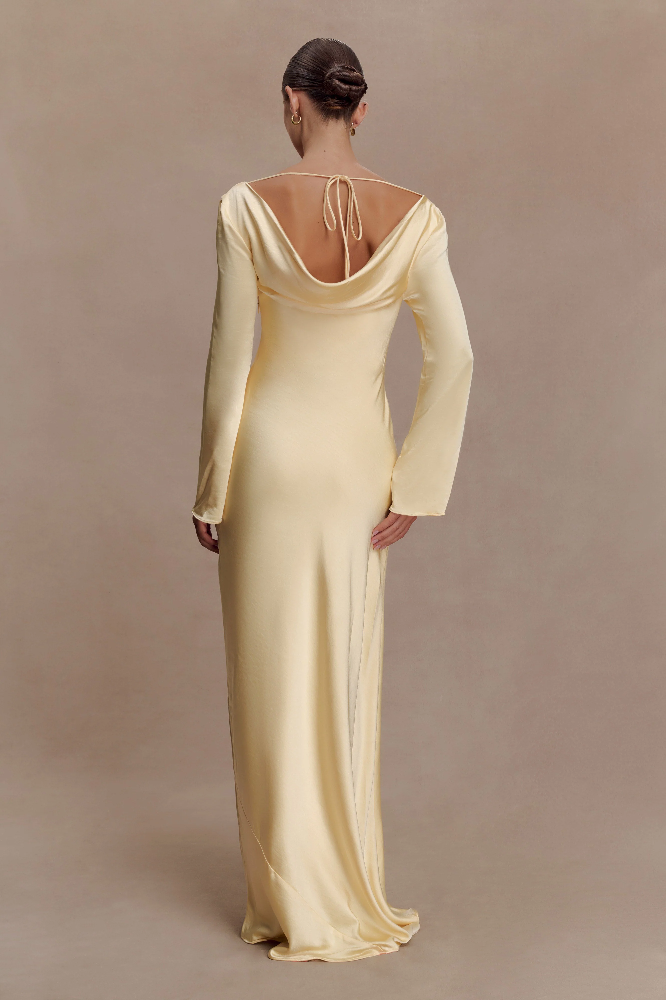 Eliza Long Sleeve Cowl Lace And Satin Maxi Dress - Lemon - Image 4