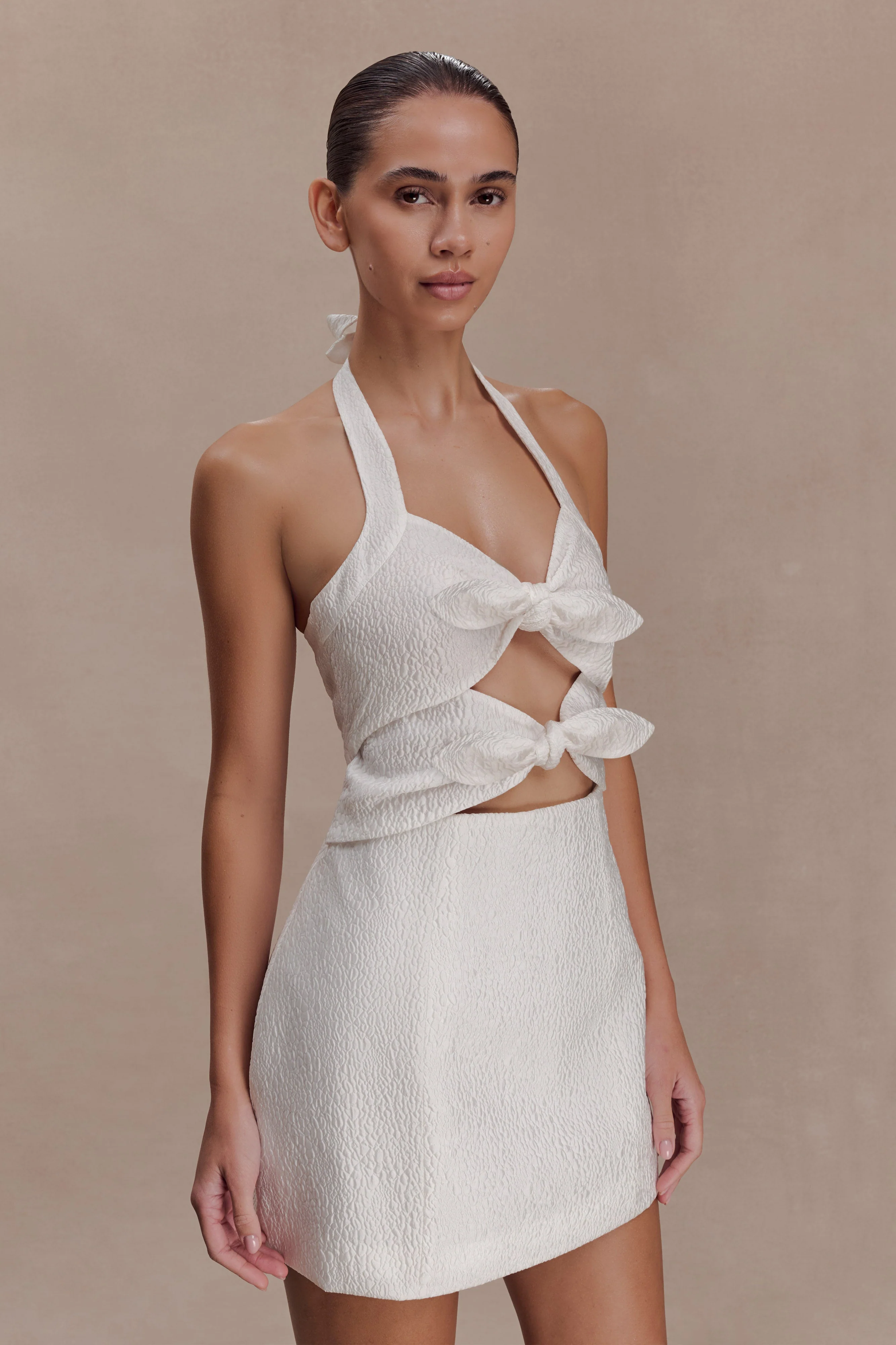 Ella Bow Detail Halter Mini Dress - White - Image 3