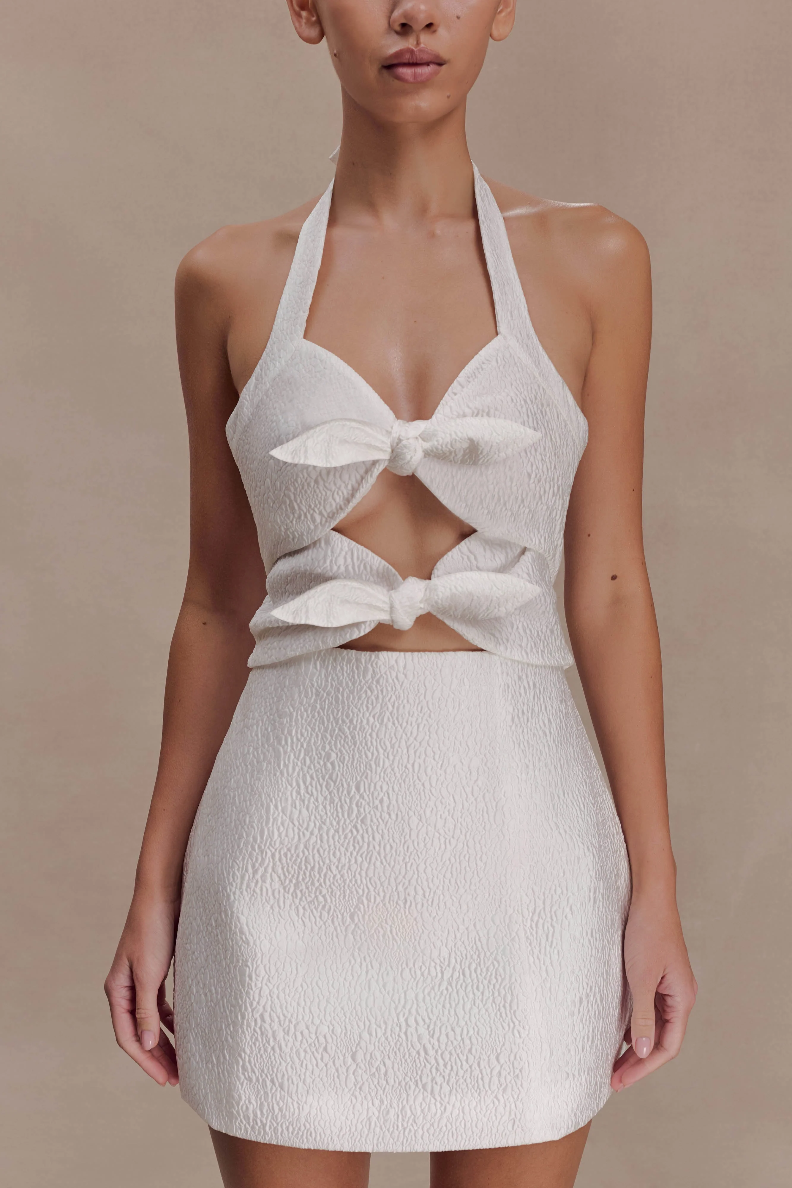 Ella Bow Detail Halter Mini Dress - White - Image 8