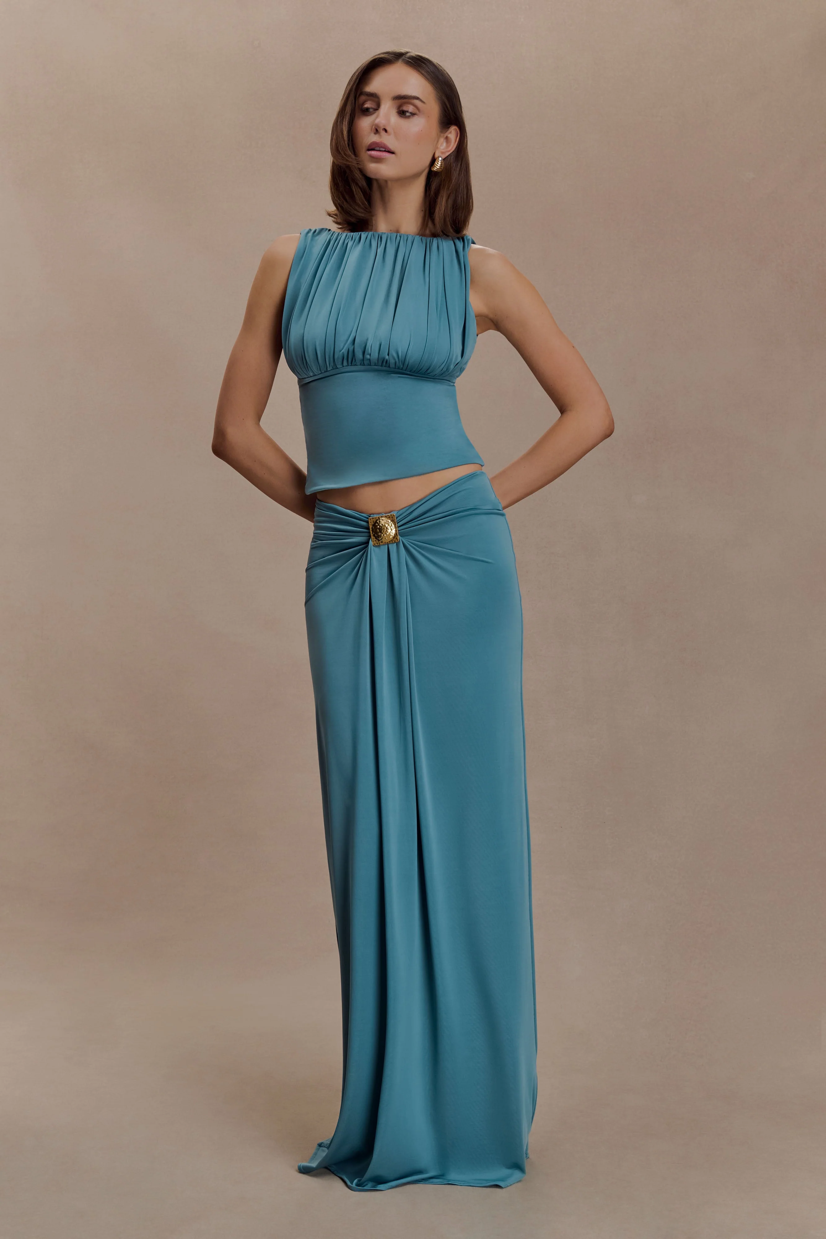 Erina Slinky Ruched Maxi Skirt With Hardware - Teal - Image 5
