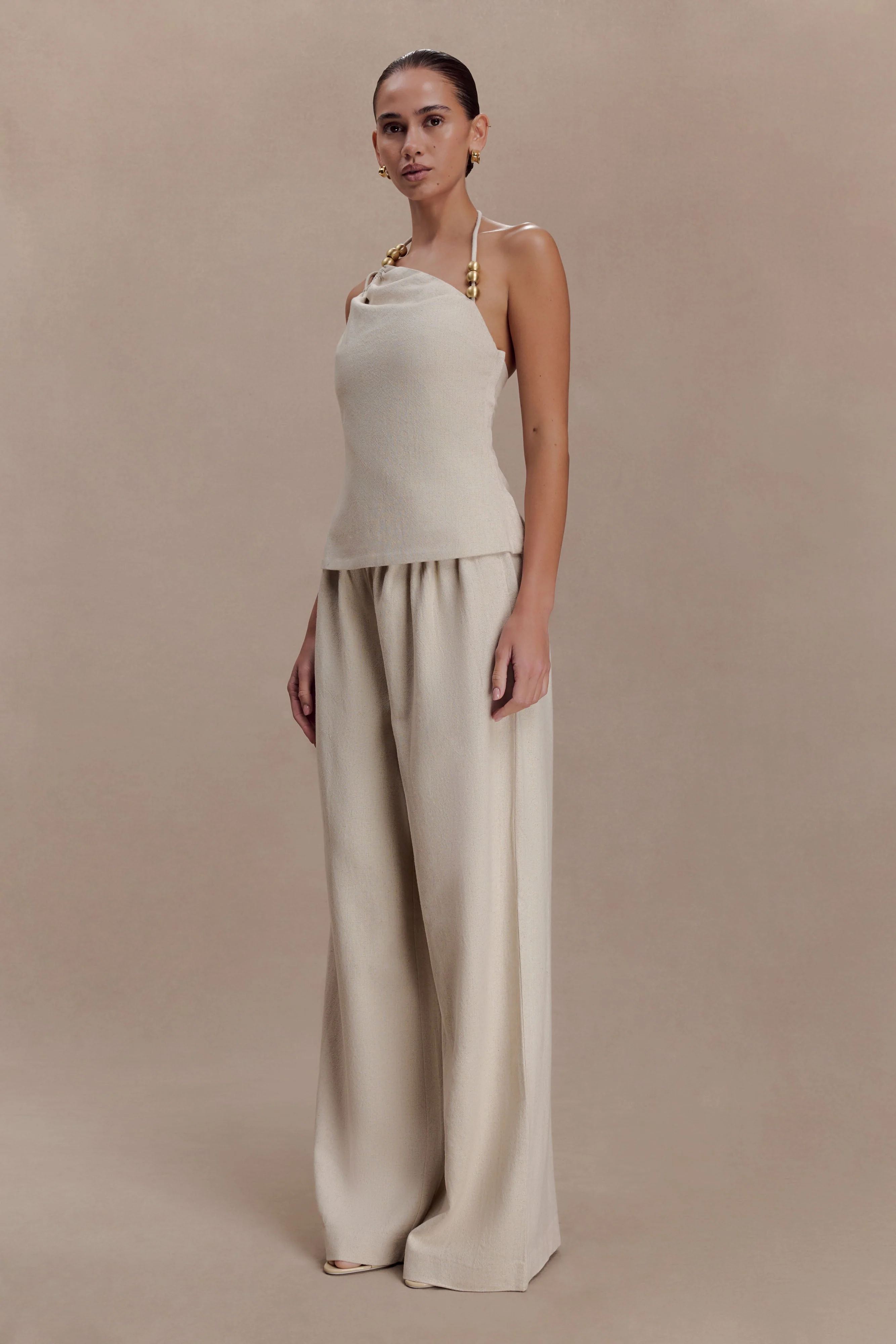 Gabby Asymmetrical Neckline Linen Beaded Top - Natural - Image 4