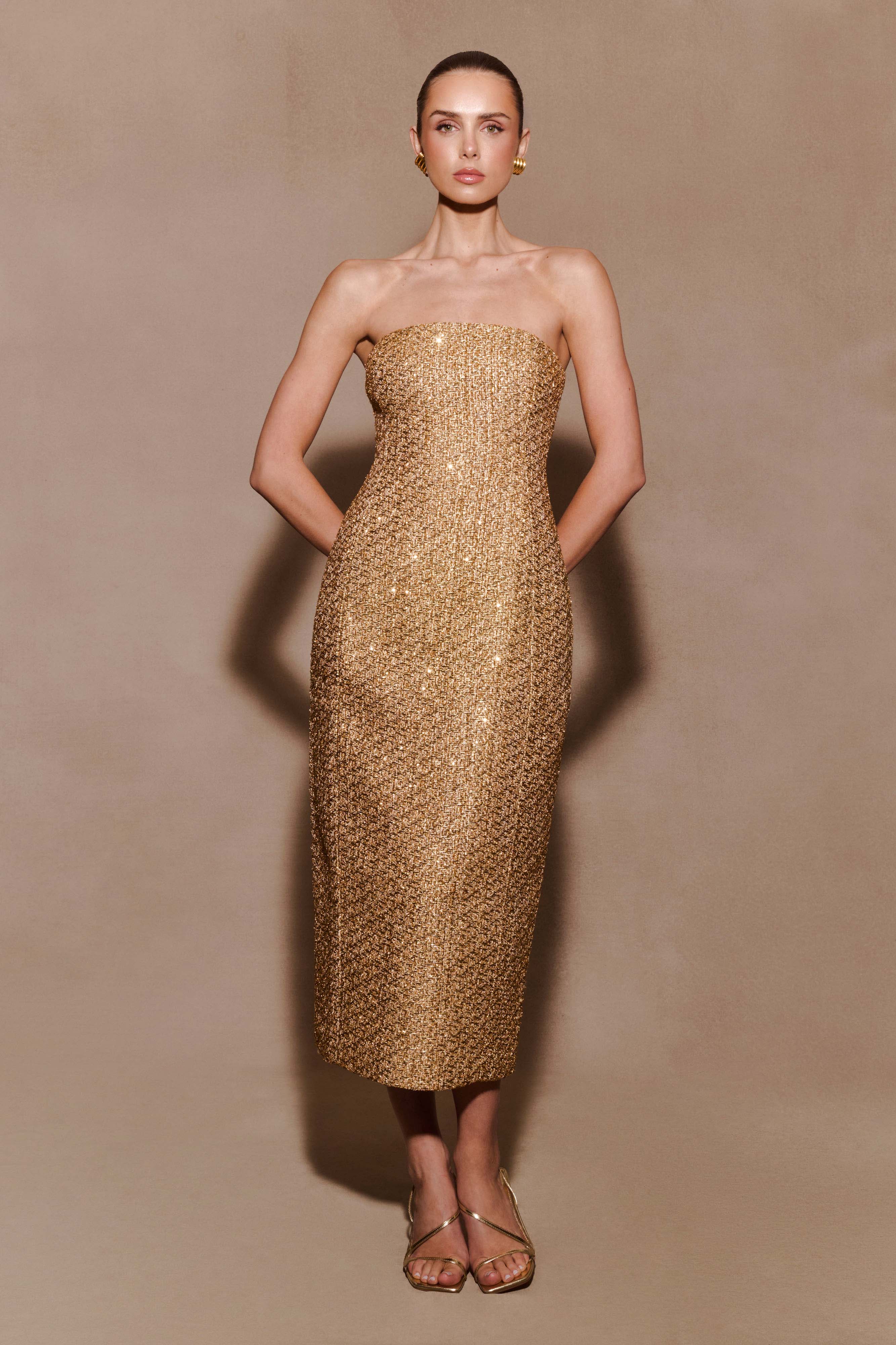 Gala Strapless Tweed Midi Dress - Gold - Image 3