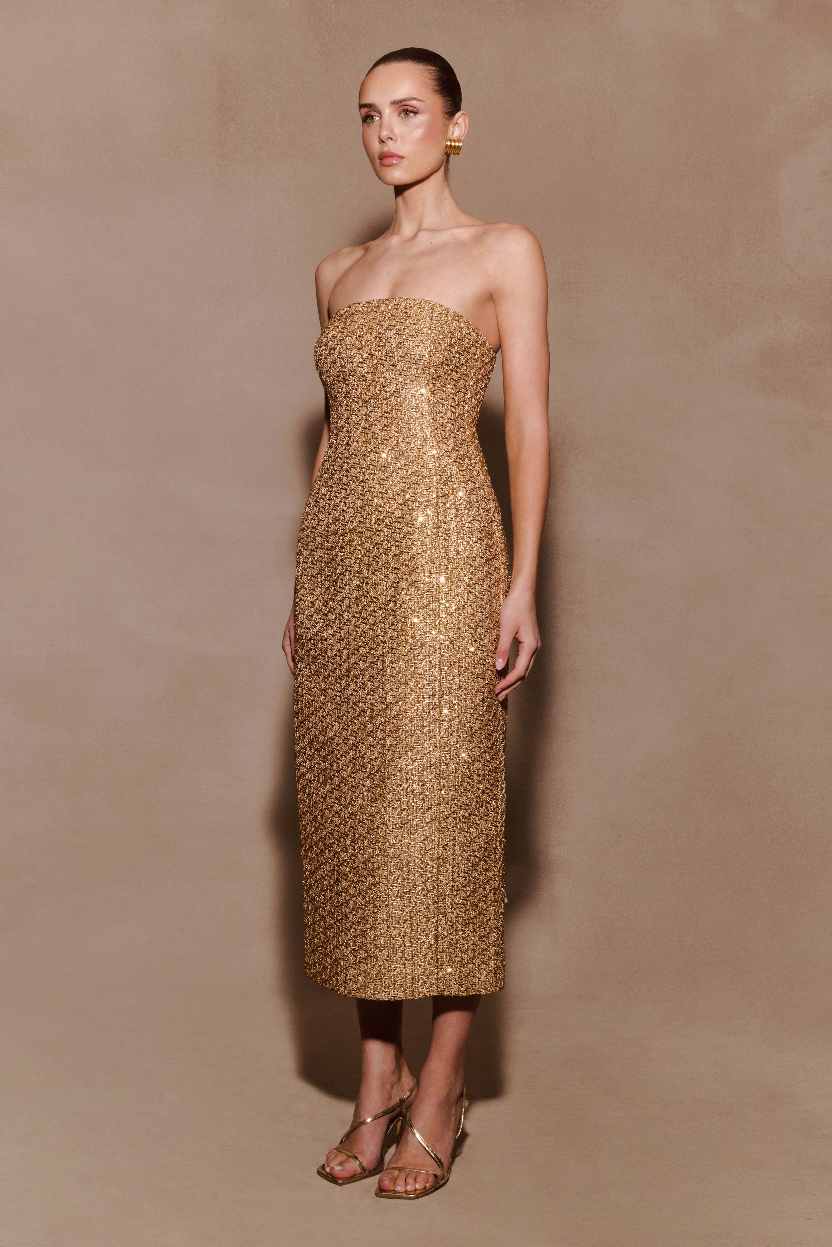 Gala Strapless Tweed Midi Dress - Gold - Image 4