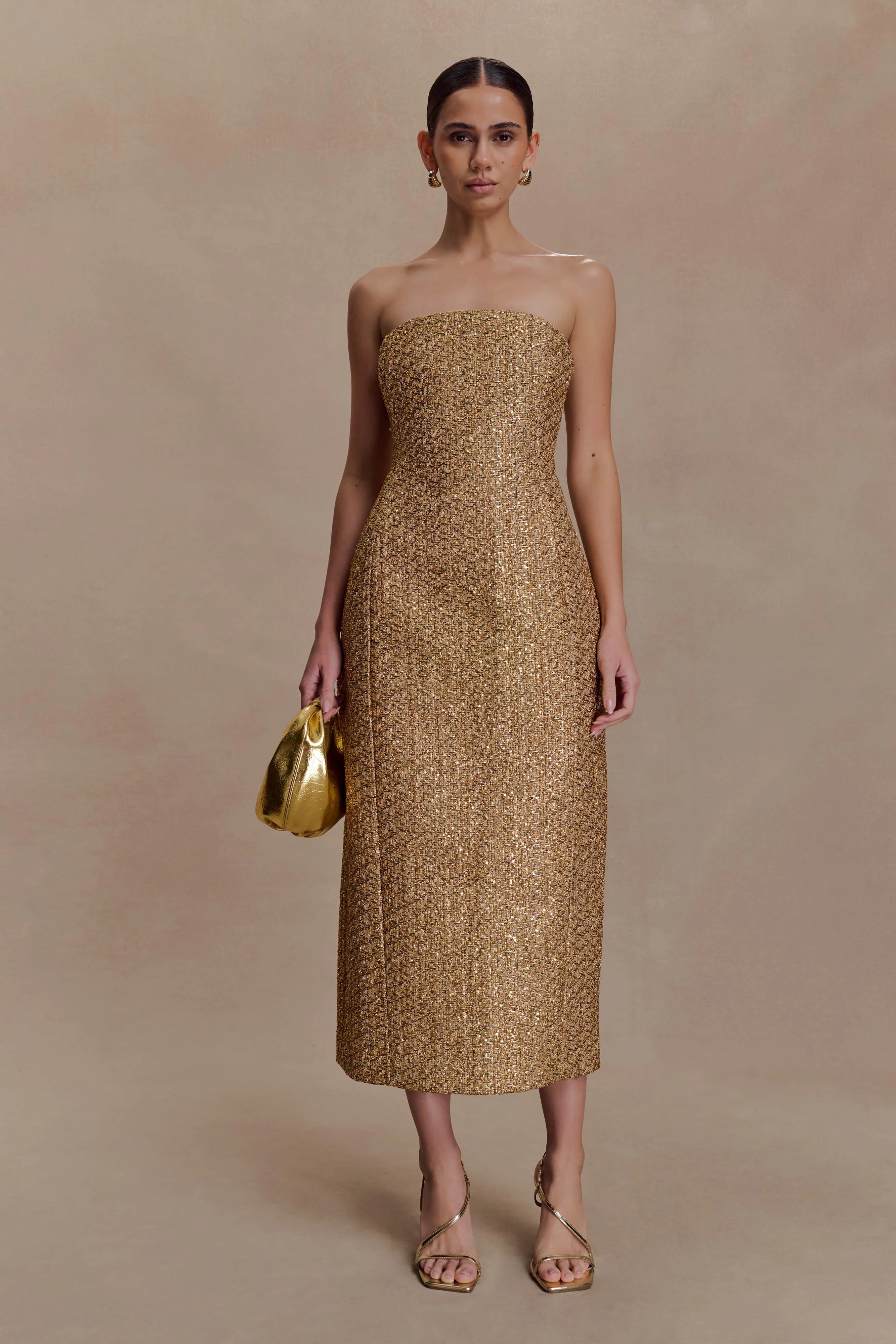 Gala Strapless Tweed Midi Dress - Gold - Image 6