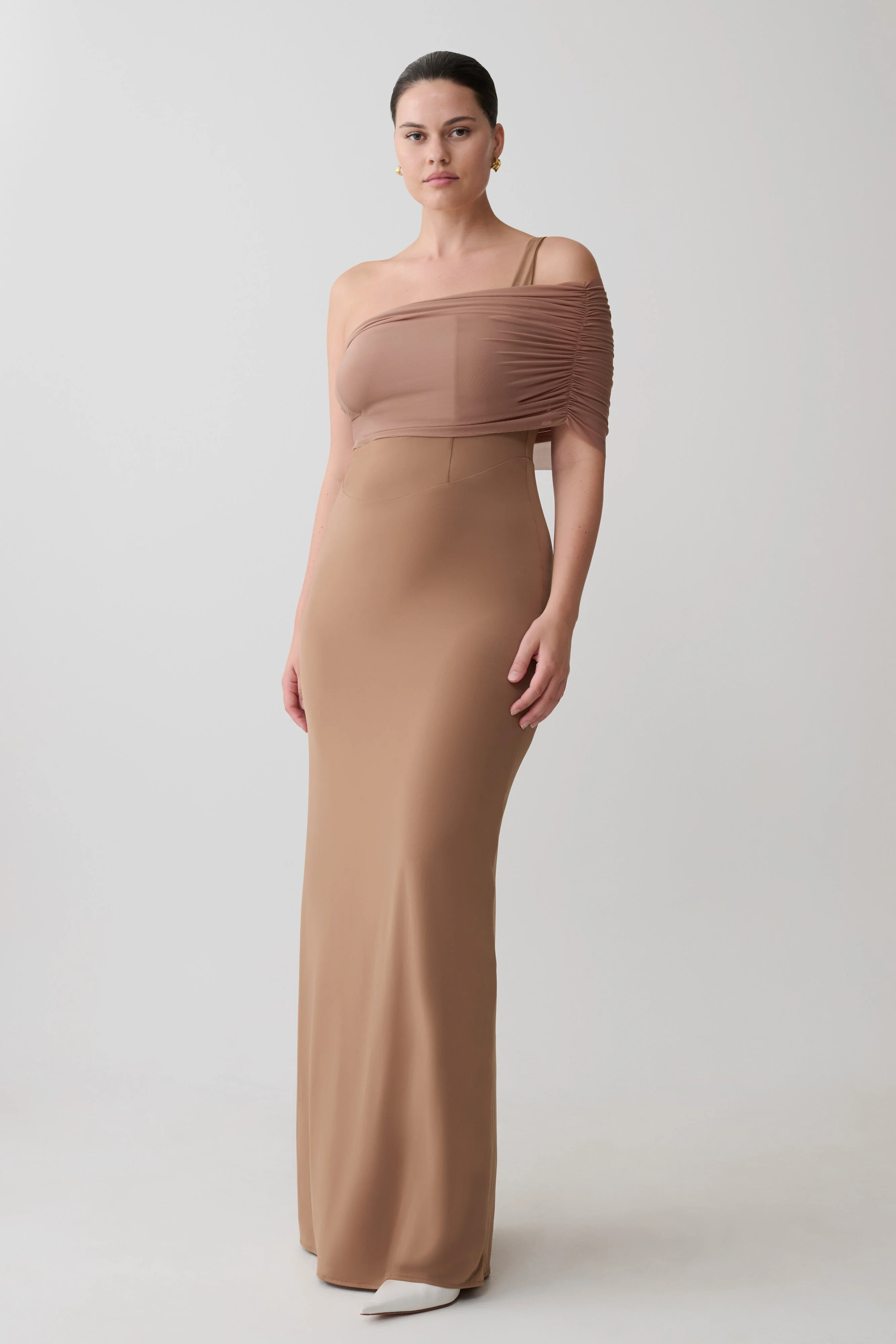 Hanh One Shoulder Mesh Maxi Dress - Tan - Image 3
