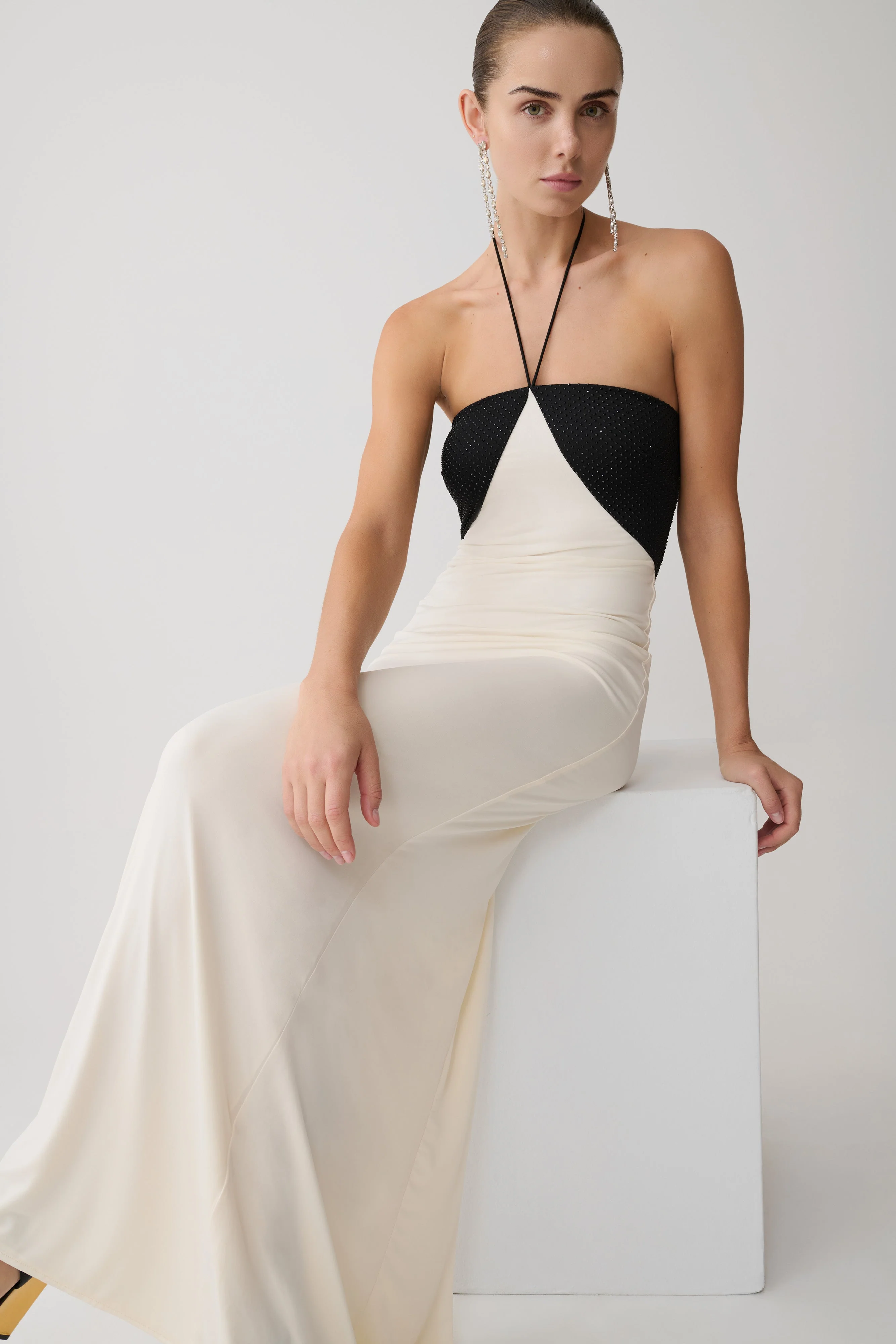 Hien Sequin Halter Maxi Dress - Black/Ivory - Image 8