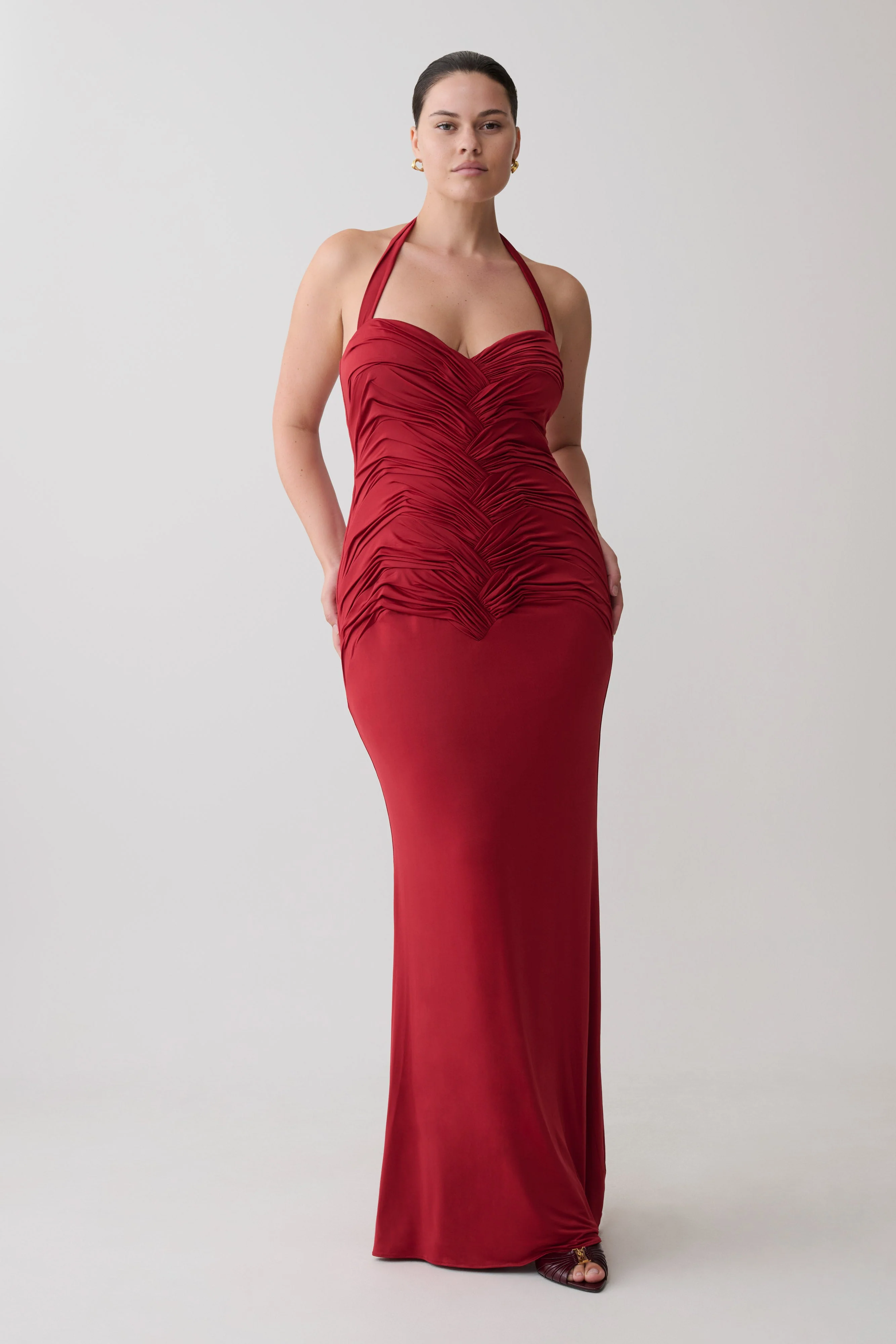 Hoai Gathered Slinky Halter Maxi Dress - Deep Red - Image 8