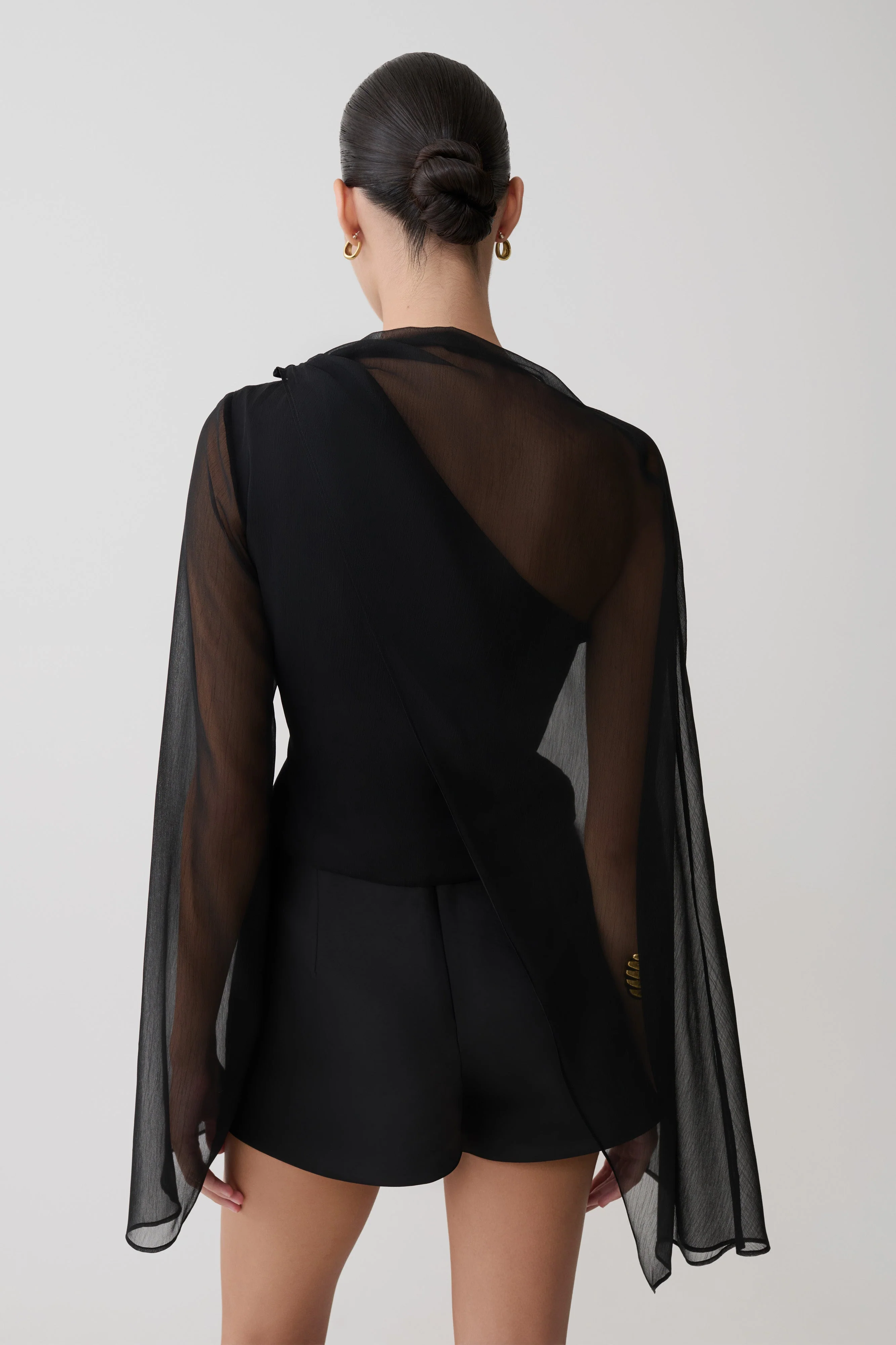 Ida Sheer Asymmetrical Long Sleeve Cape - Black - Image 2