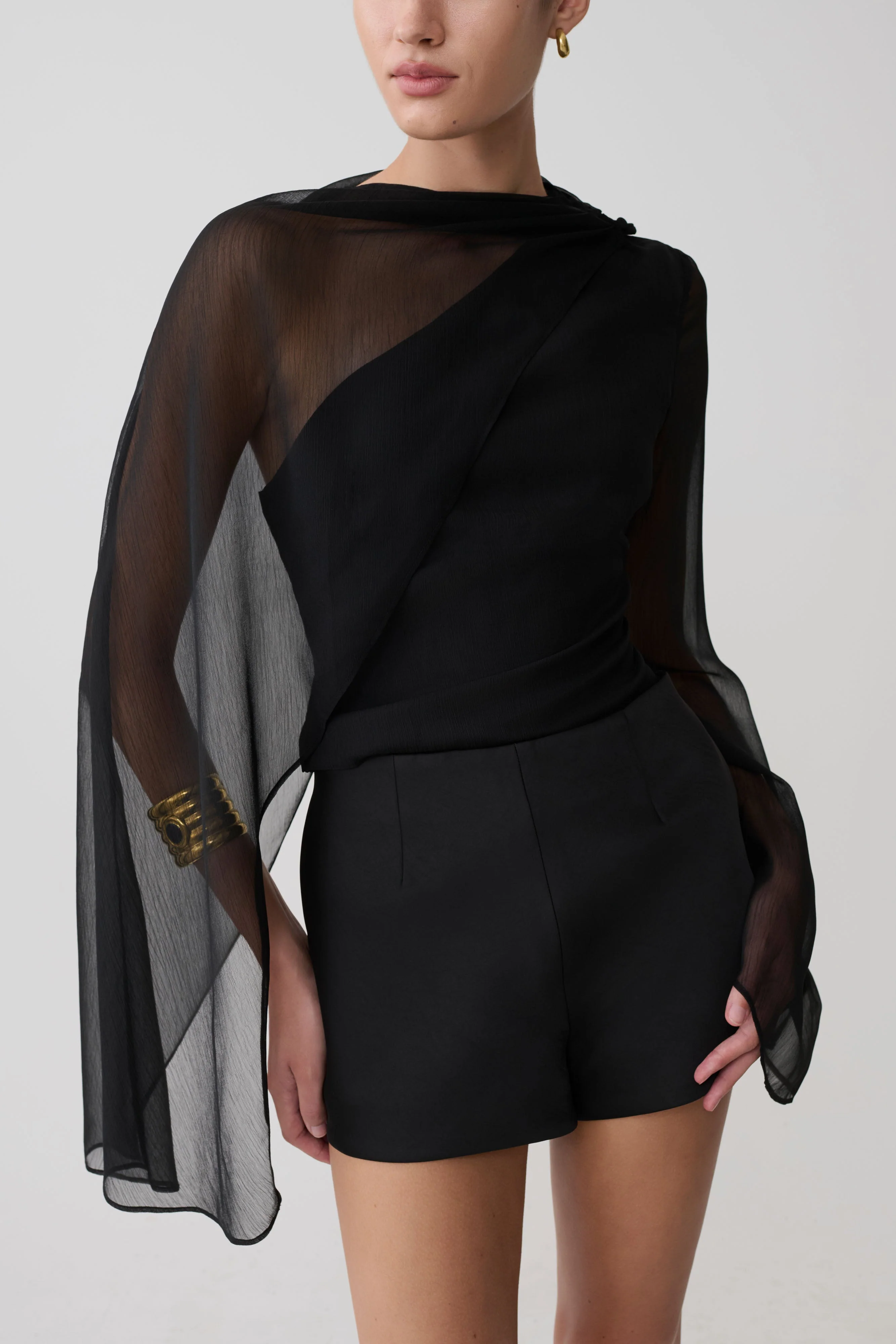 Ida Sheer Asymmetrical Long Sleeve Cape - Black - Image 3