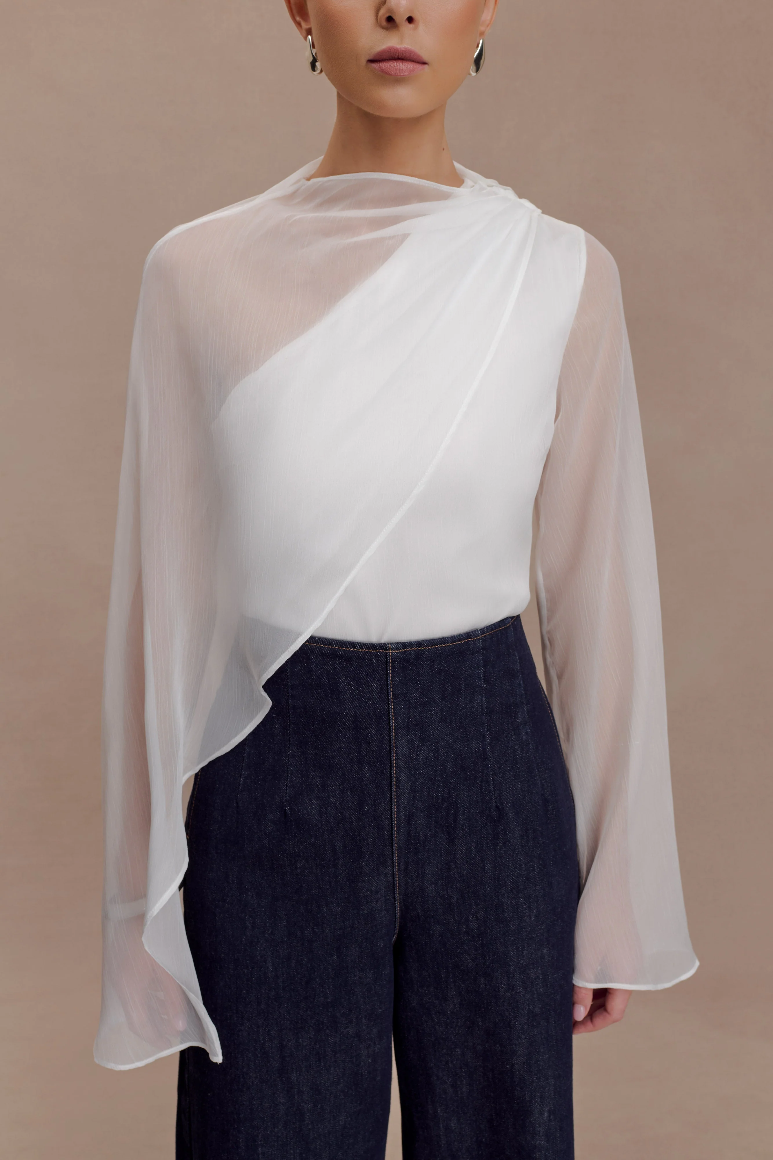 Ida Sheer Asymmetrical Long Sleeve Cape - White - Image 3