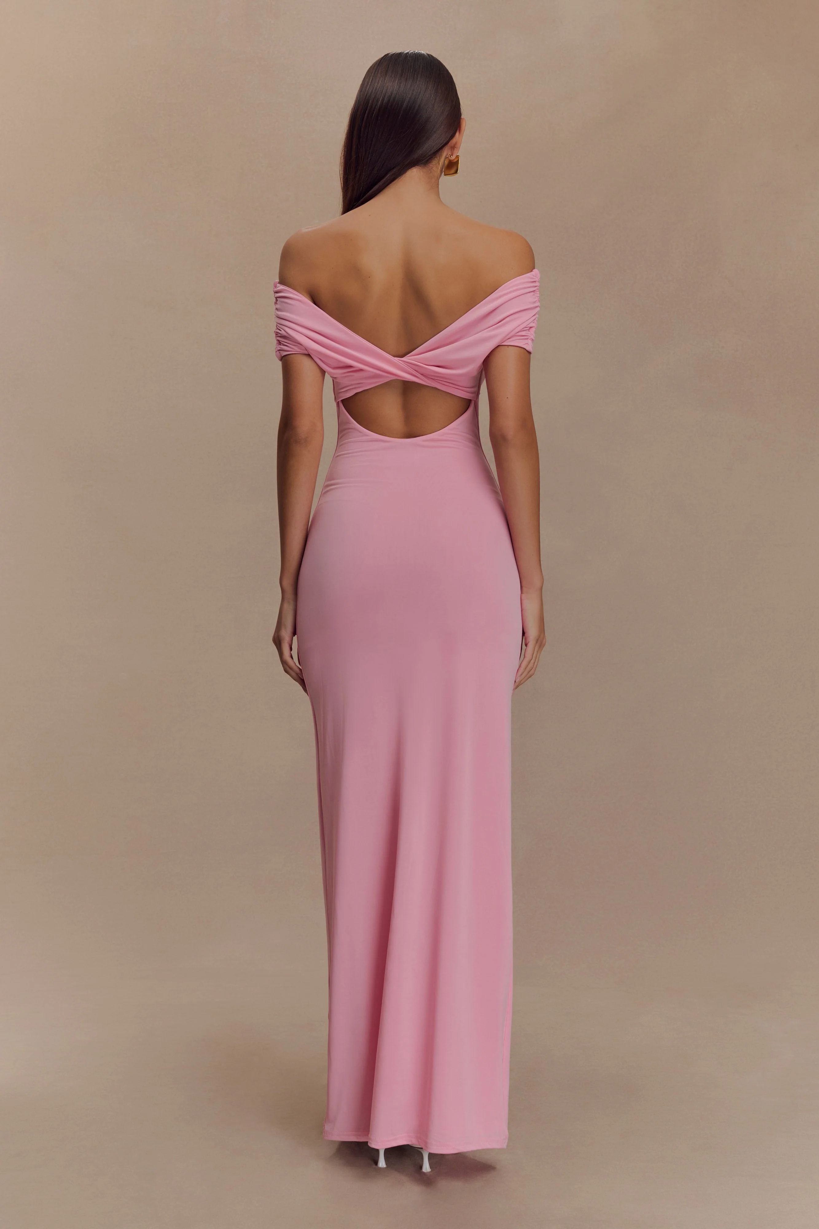Imogen Off Shoulder Slinky Maxi Dress - Candy Pink - Image 2