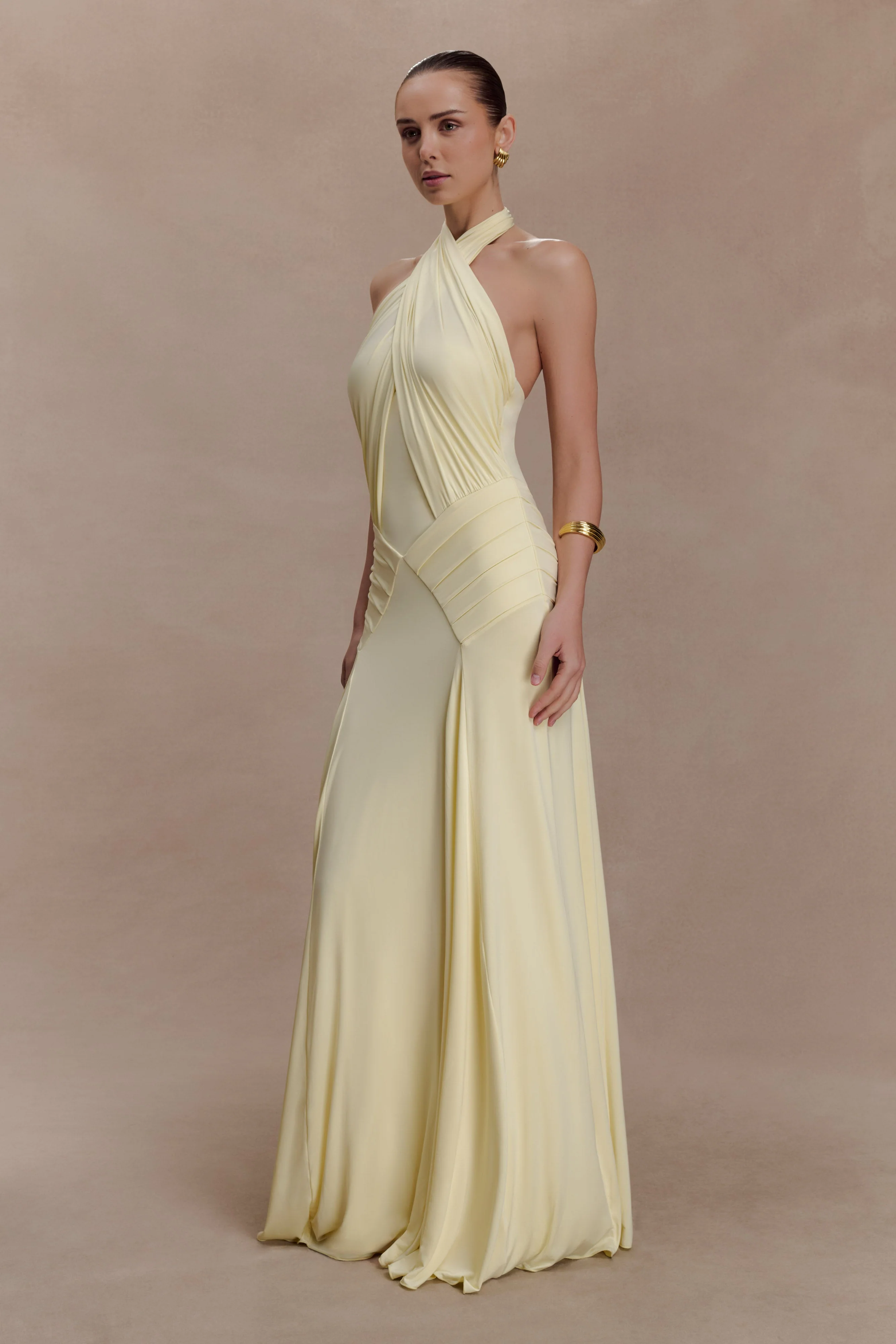 Indira Gathered Slinky Halter Maxi Dress - Lemon - Image 4