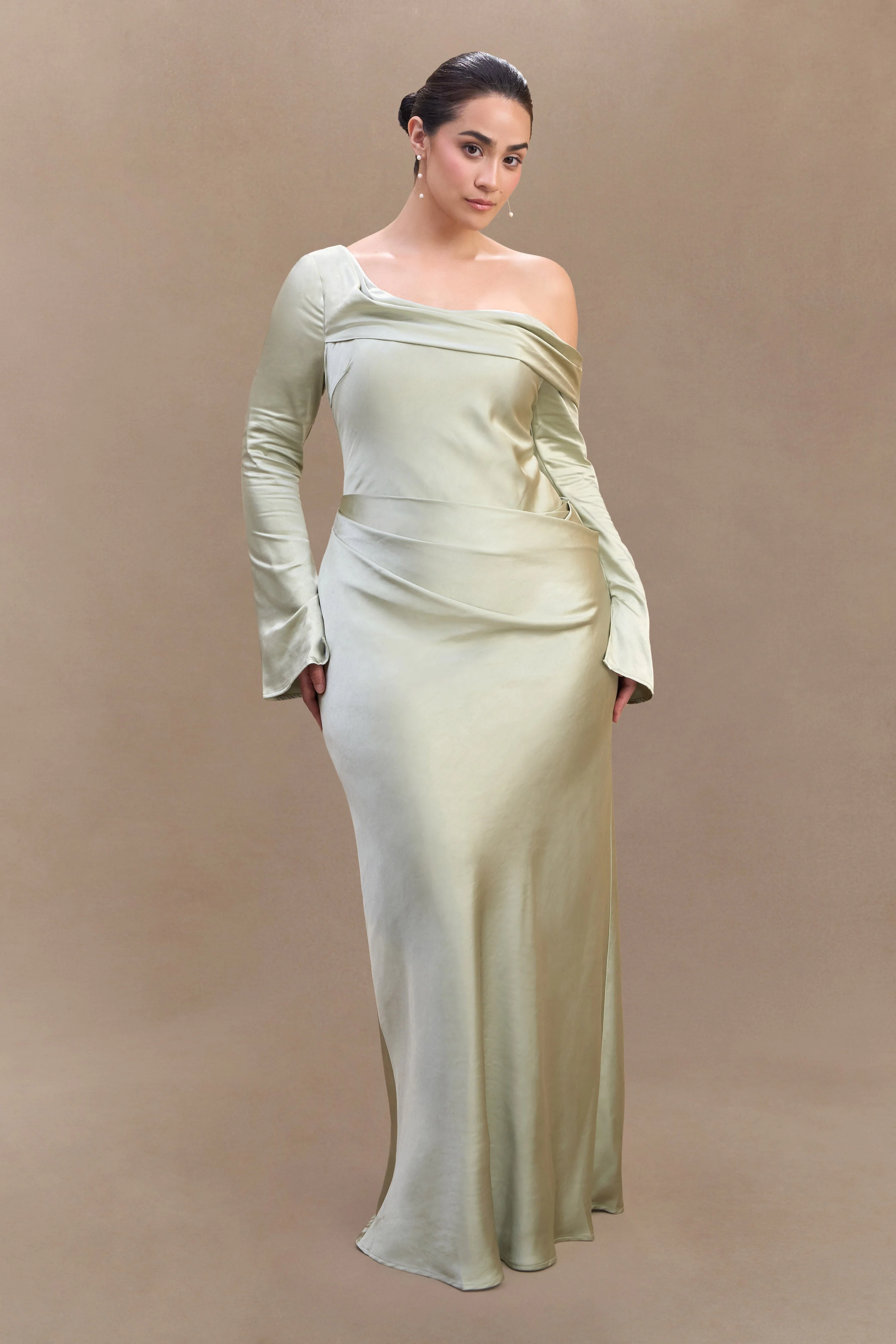 Iris Long Sleeve Satin Maxi Dress - Sage - Image 4