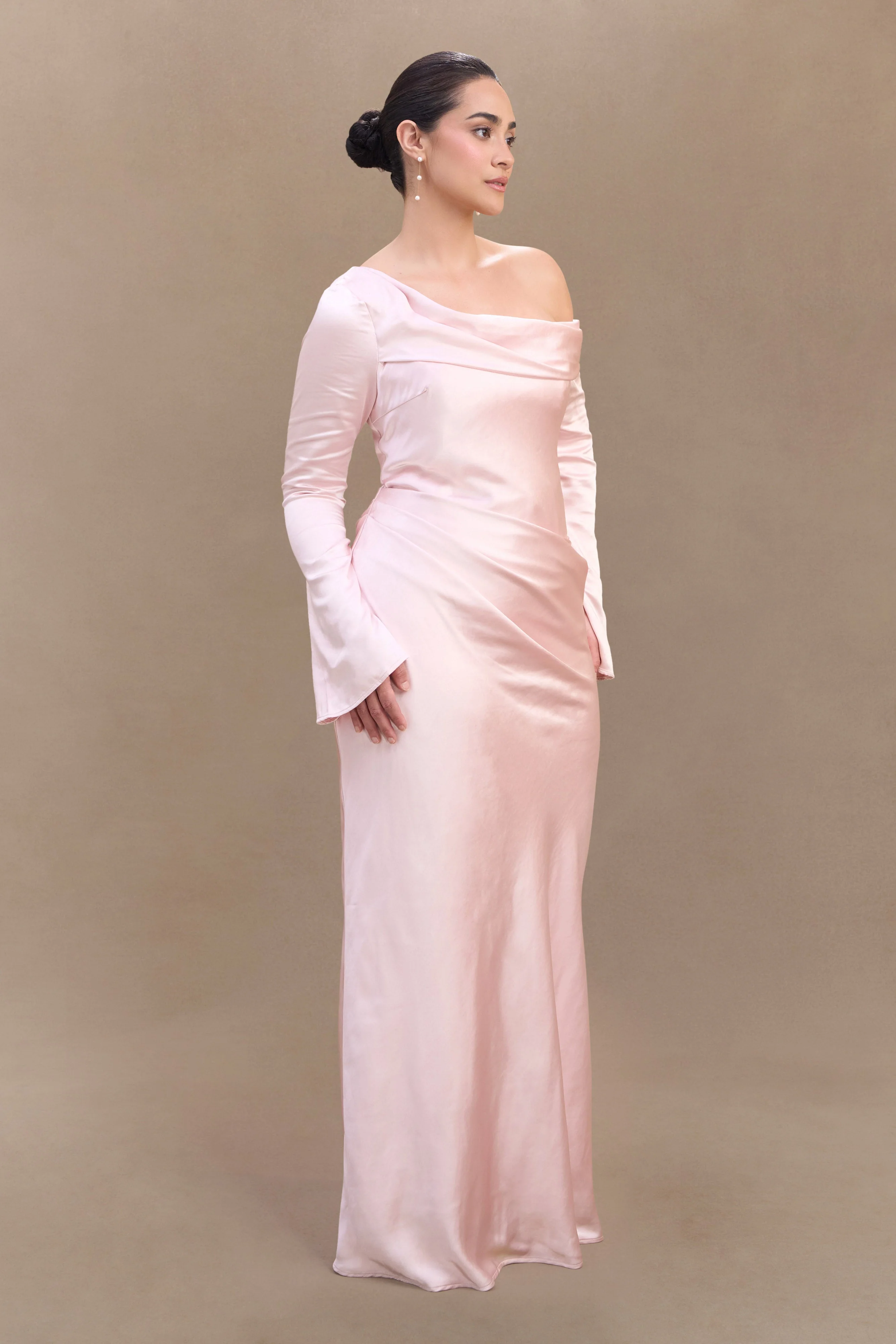 Iris Long Sleeve Satin Maxi Dress - Soft Pink - Image 5