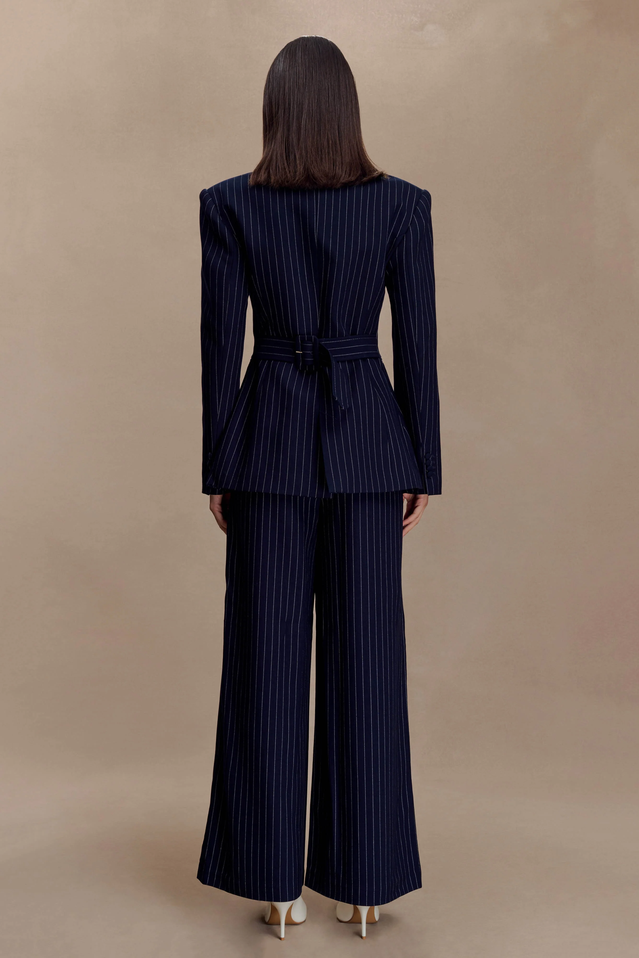 Jacqueline Pleated Wide Leg Pants - Navy Pinstripe - Image 3