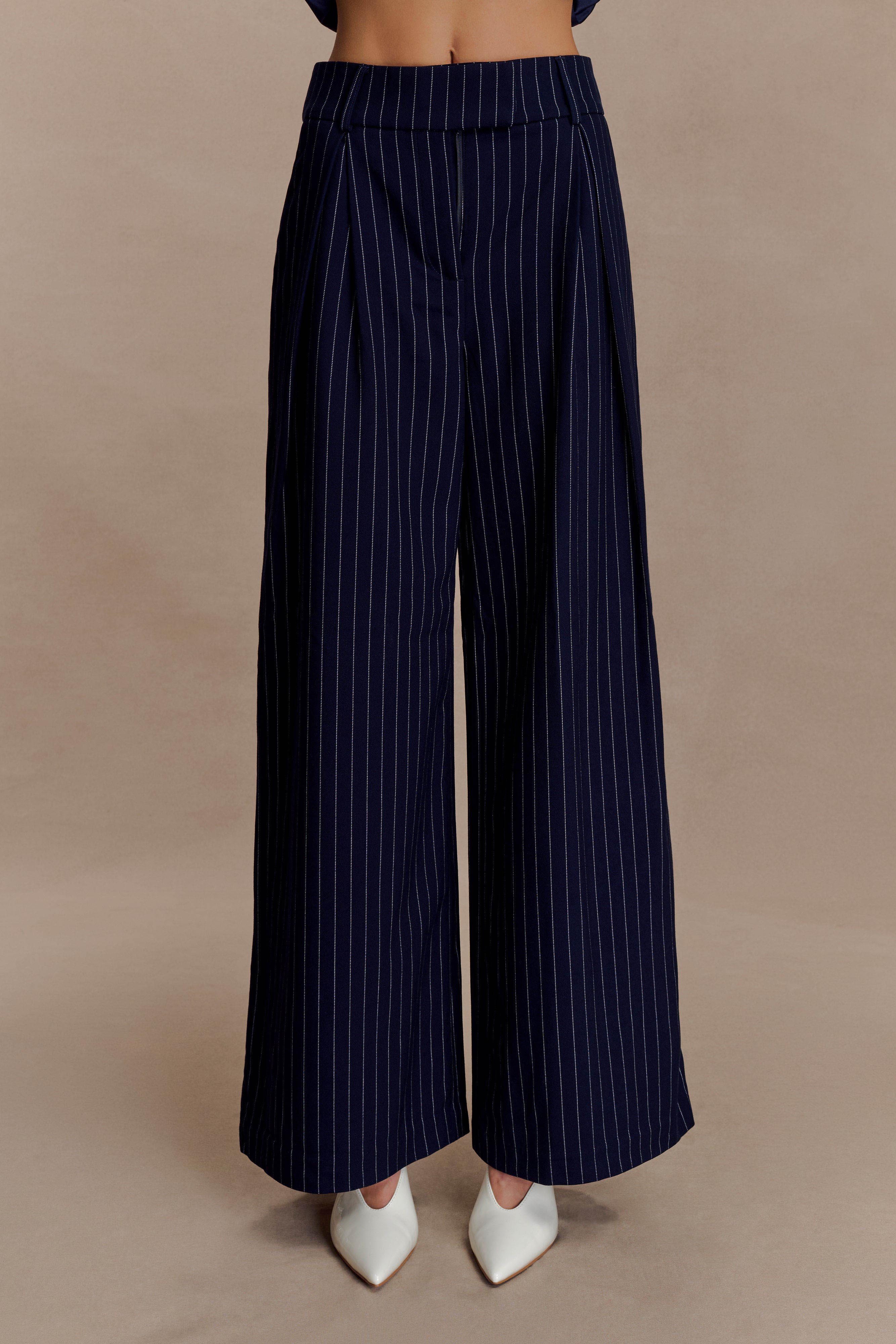 Jacqueline Pleated Wide Leg Pants - Navy Pinstripe - Image 7