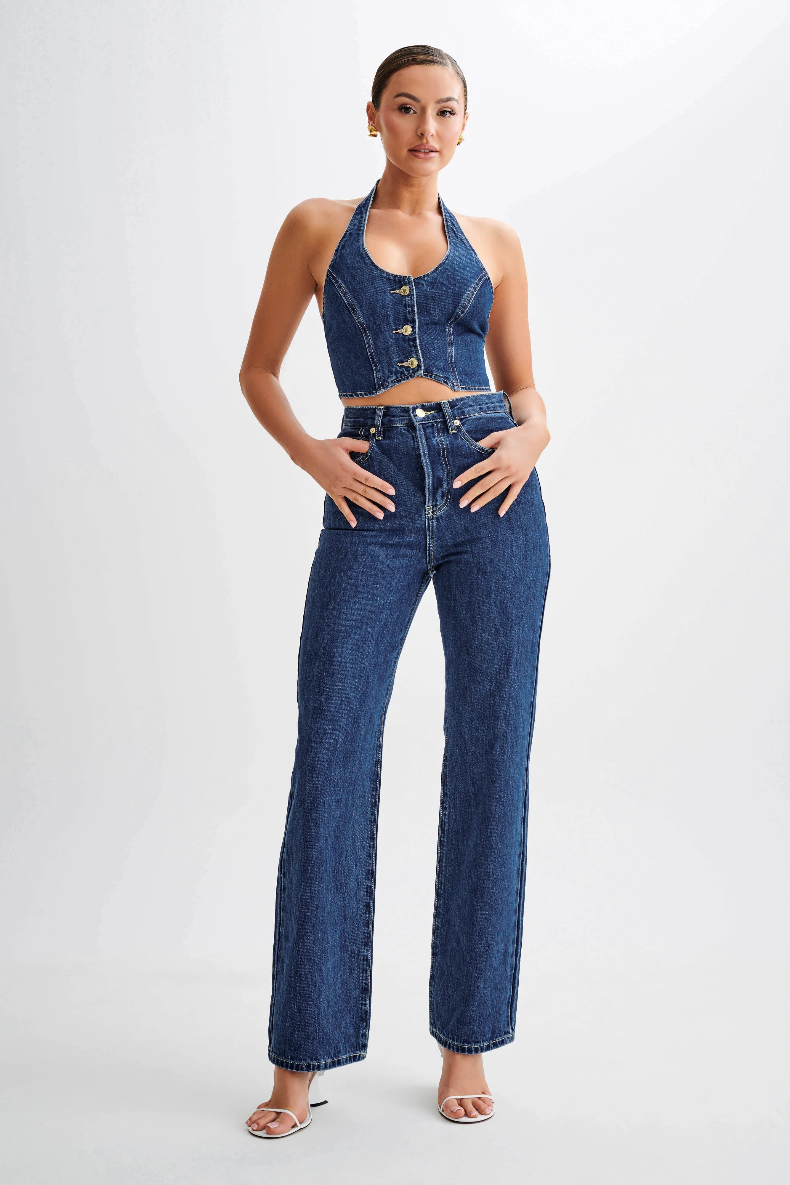 Janine High Waisted Straight Leg Jeans - Dark Blue - Image 5