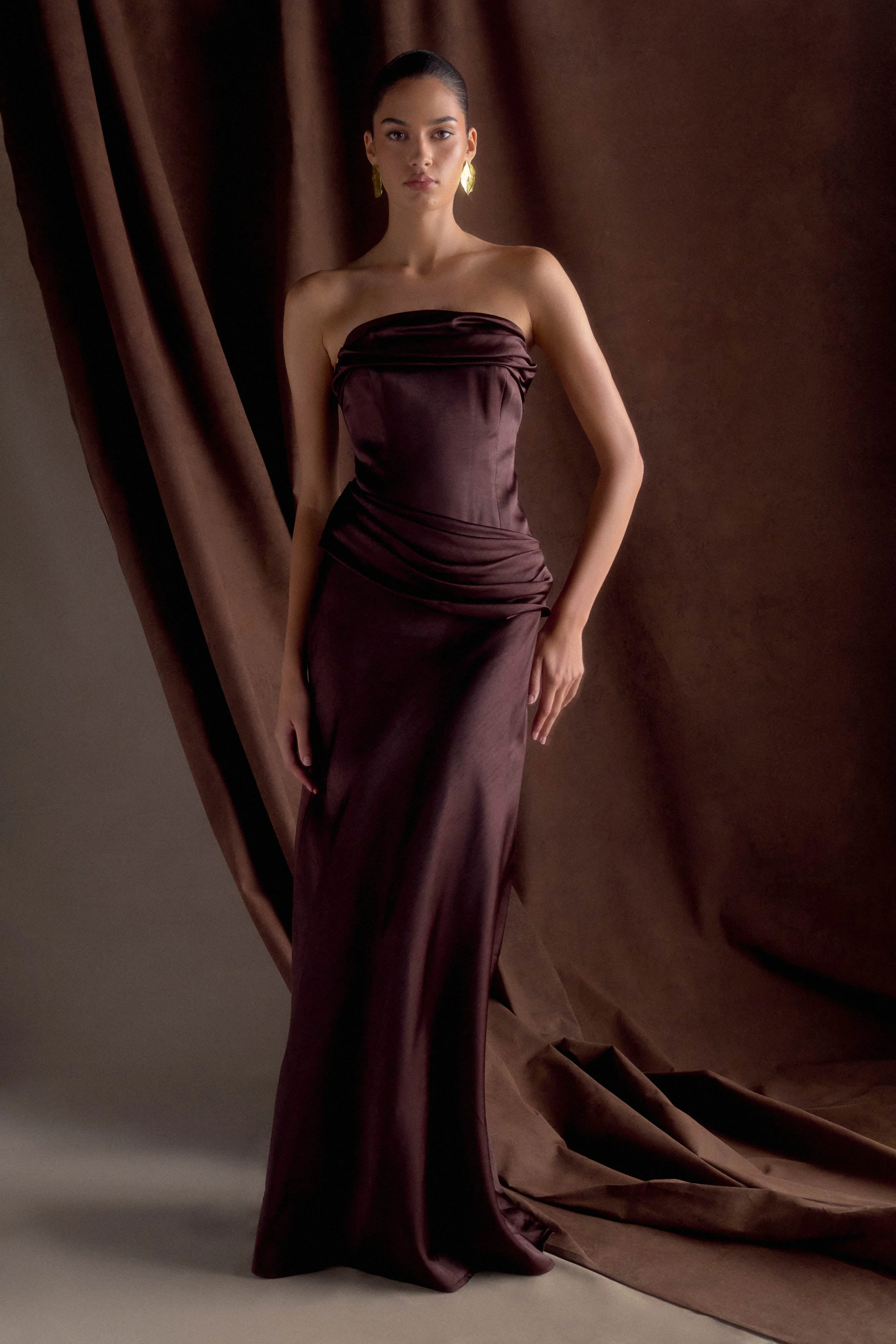 Jasmine Strapless Satin Maxi Dress - Dark Chocolate - Image 7