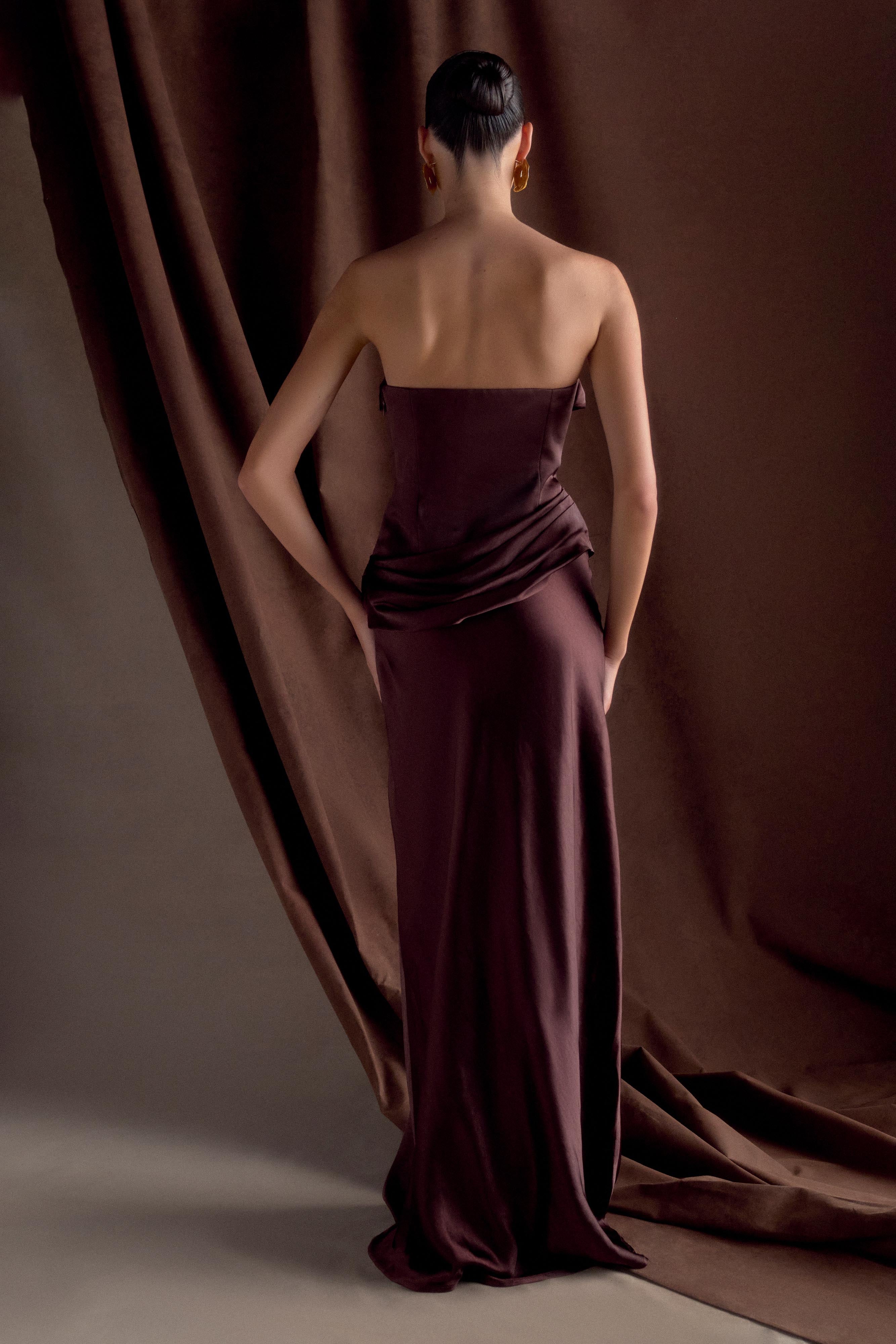 Jasmine Strapless Satin Maxi Dress - Dark Chocolate - Image 8