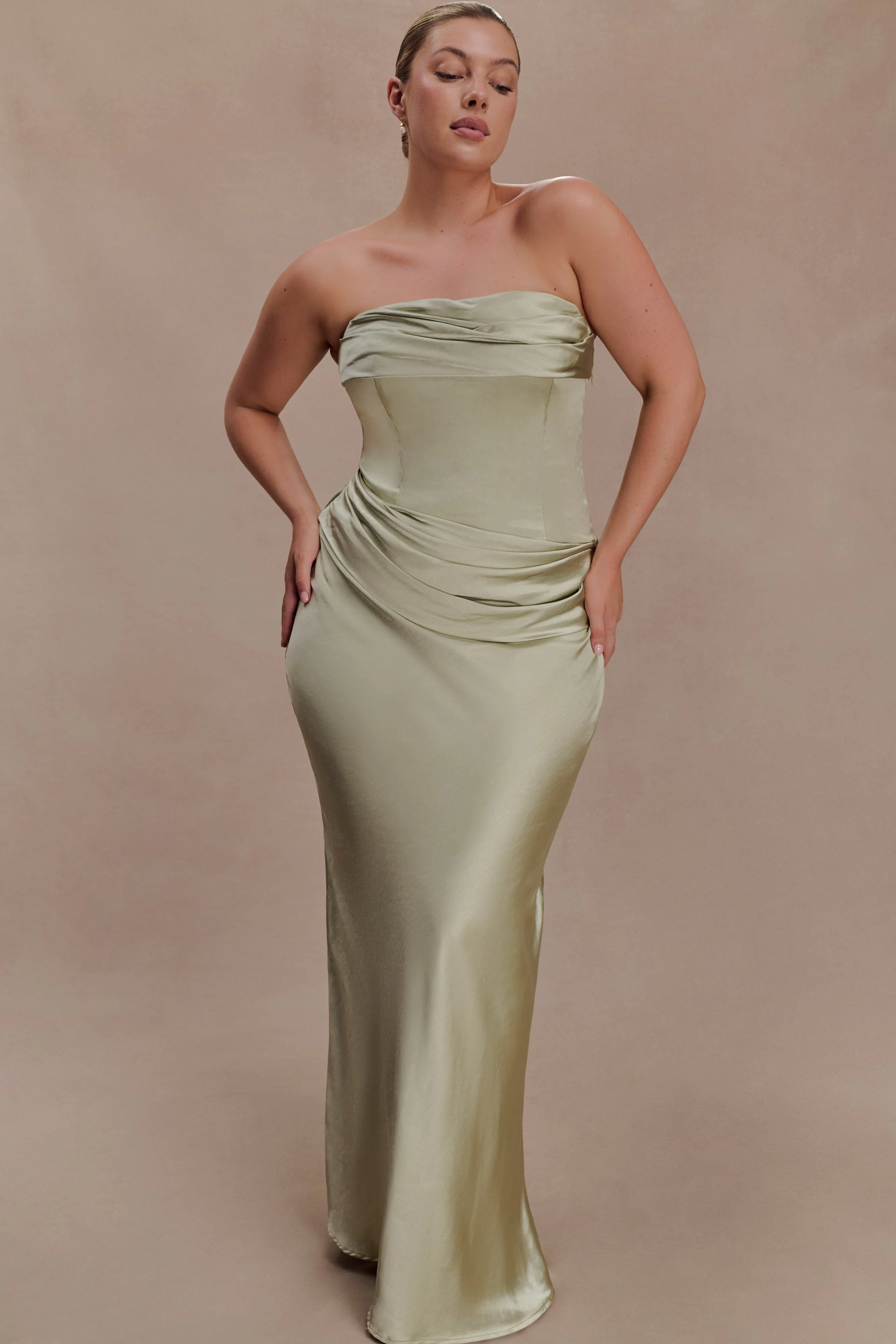 Jasmine Strapless Satin Maxi Dress - Sage - Image 4