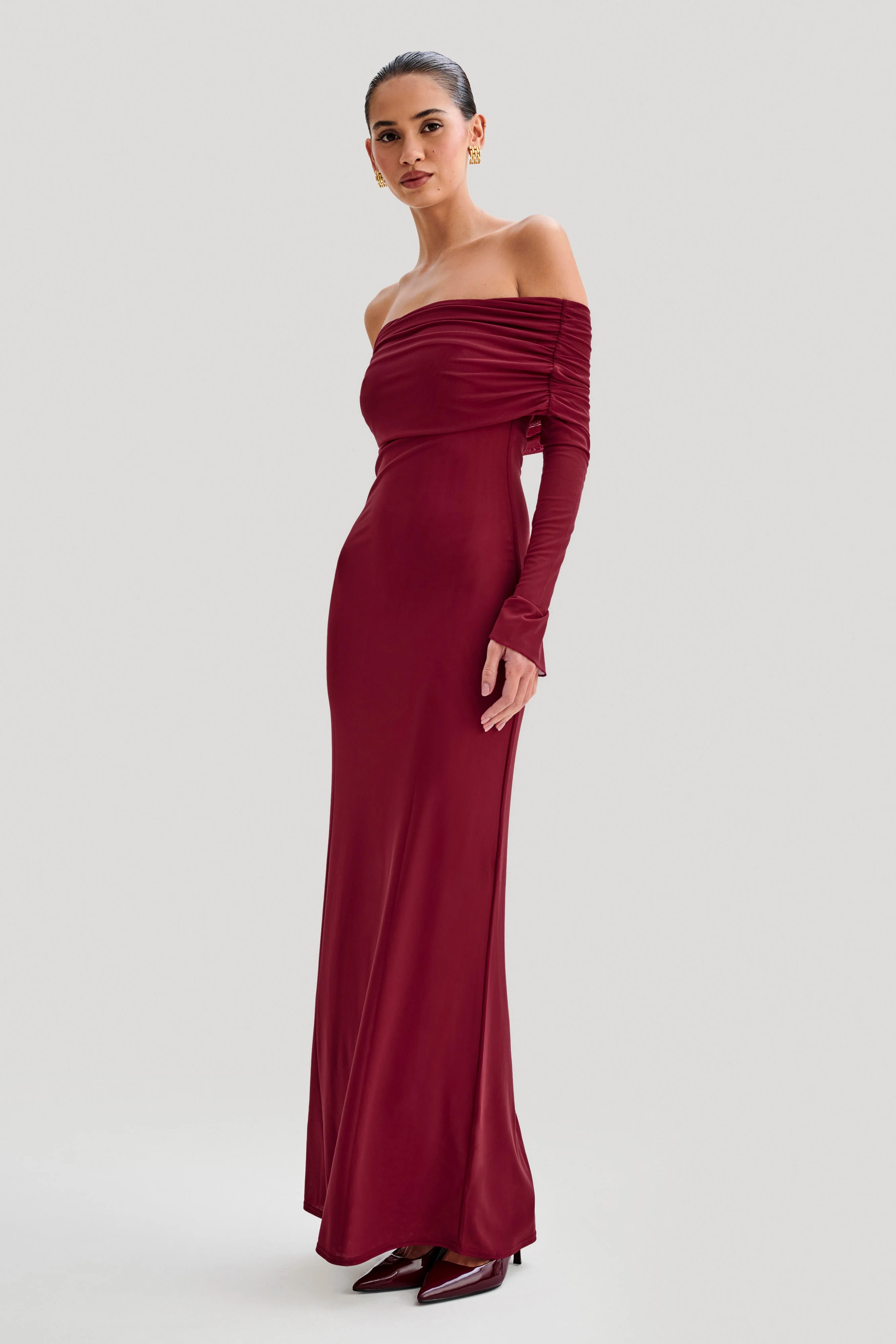 Josie Off Shoulder Mesh Maxi Dress - Wine - Image 4