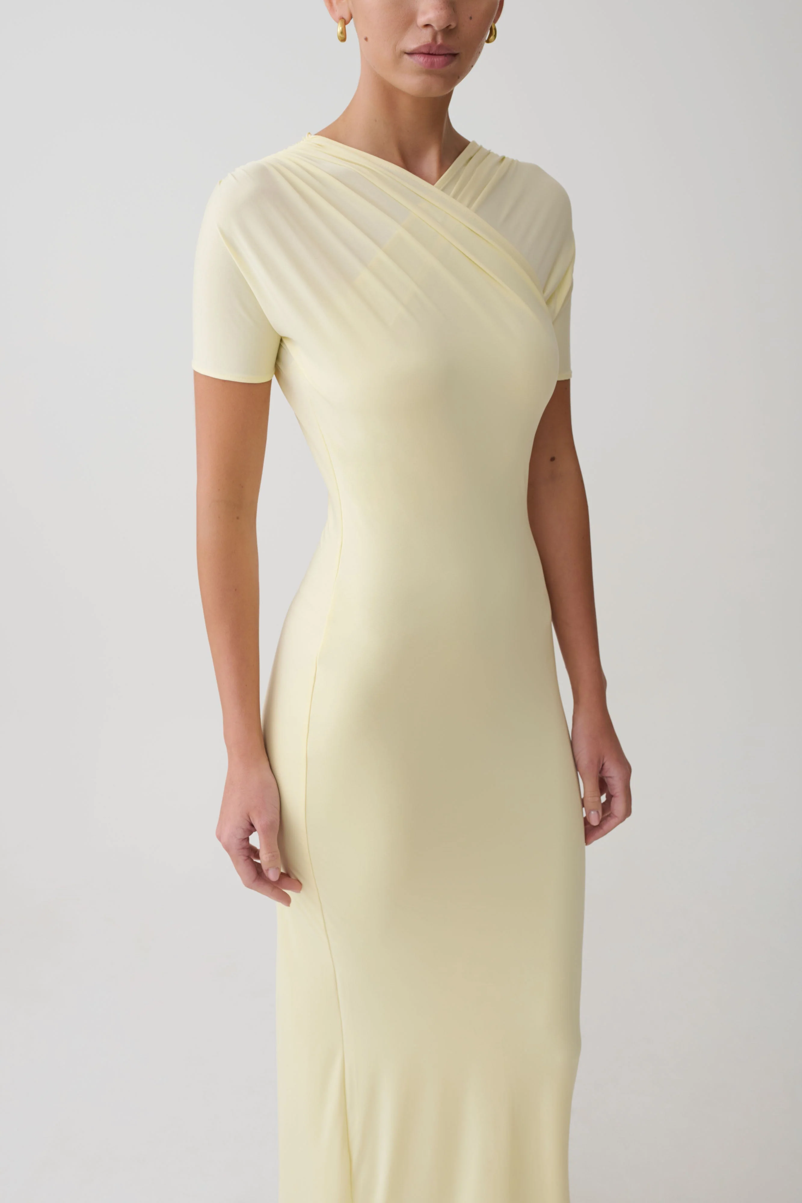 Junie Cross-Over Neck Slinky Maxi Dress - Lemon - Image 3
